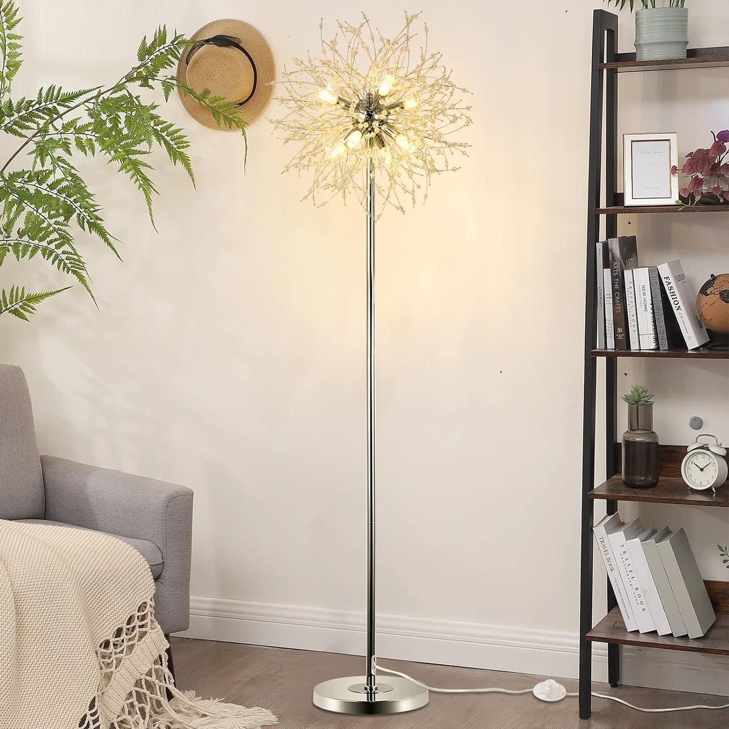 UOI 69 inch Chrome Crystal Floor Lamp with 8 Lights and 32 Firework Crystal Harnesses