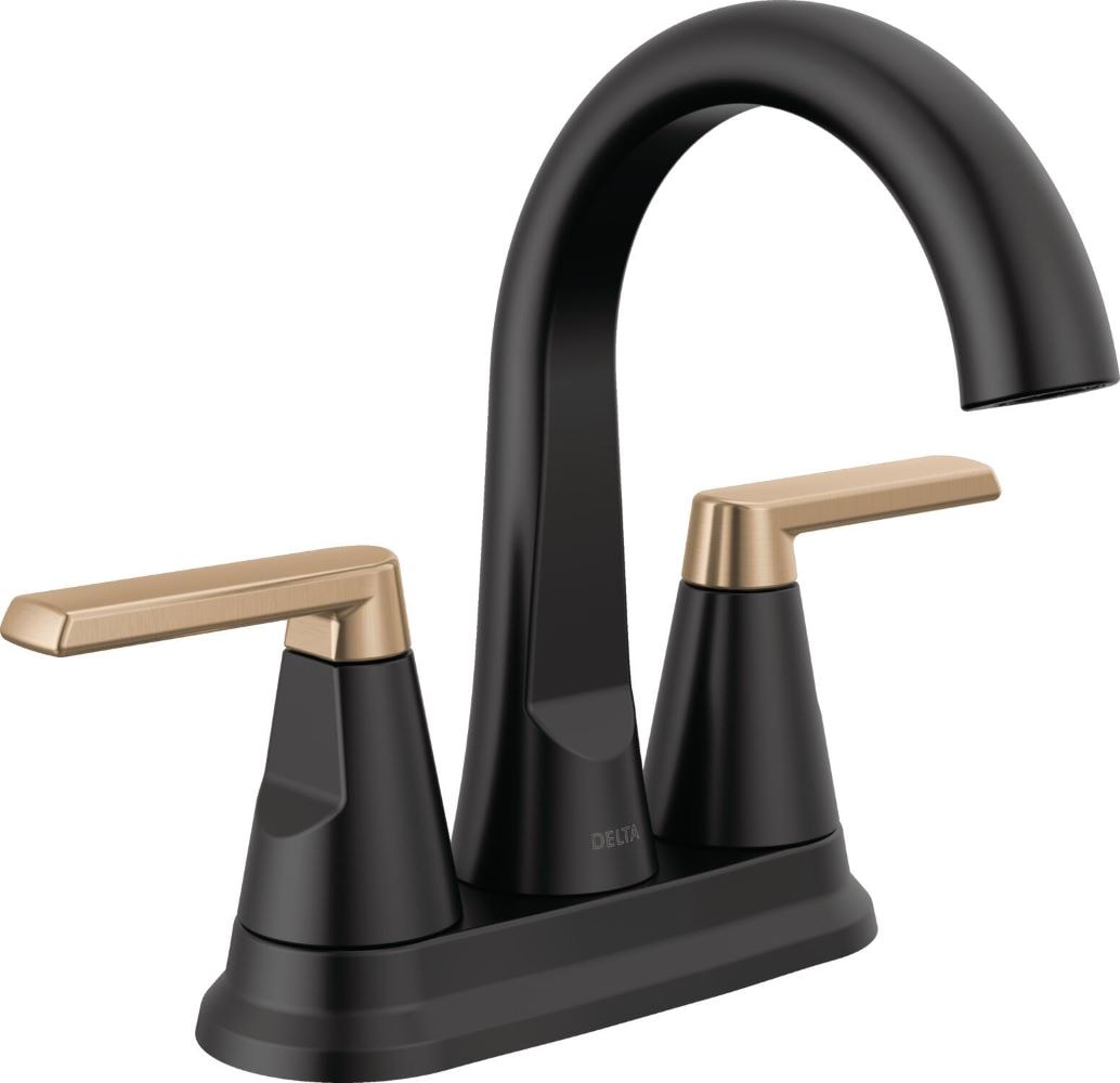 Delta 25832LF-GZ Sparrow Matte Black / Champagne Bronze 4-in centerset 2-handle WaterSense Mid-arc Residential Handle Bathroom Sink Faucet with Drain