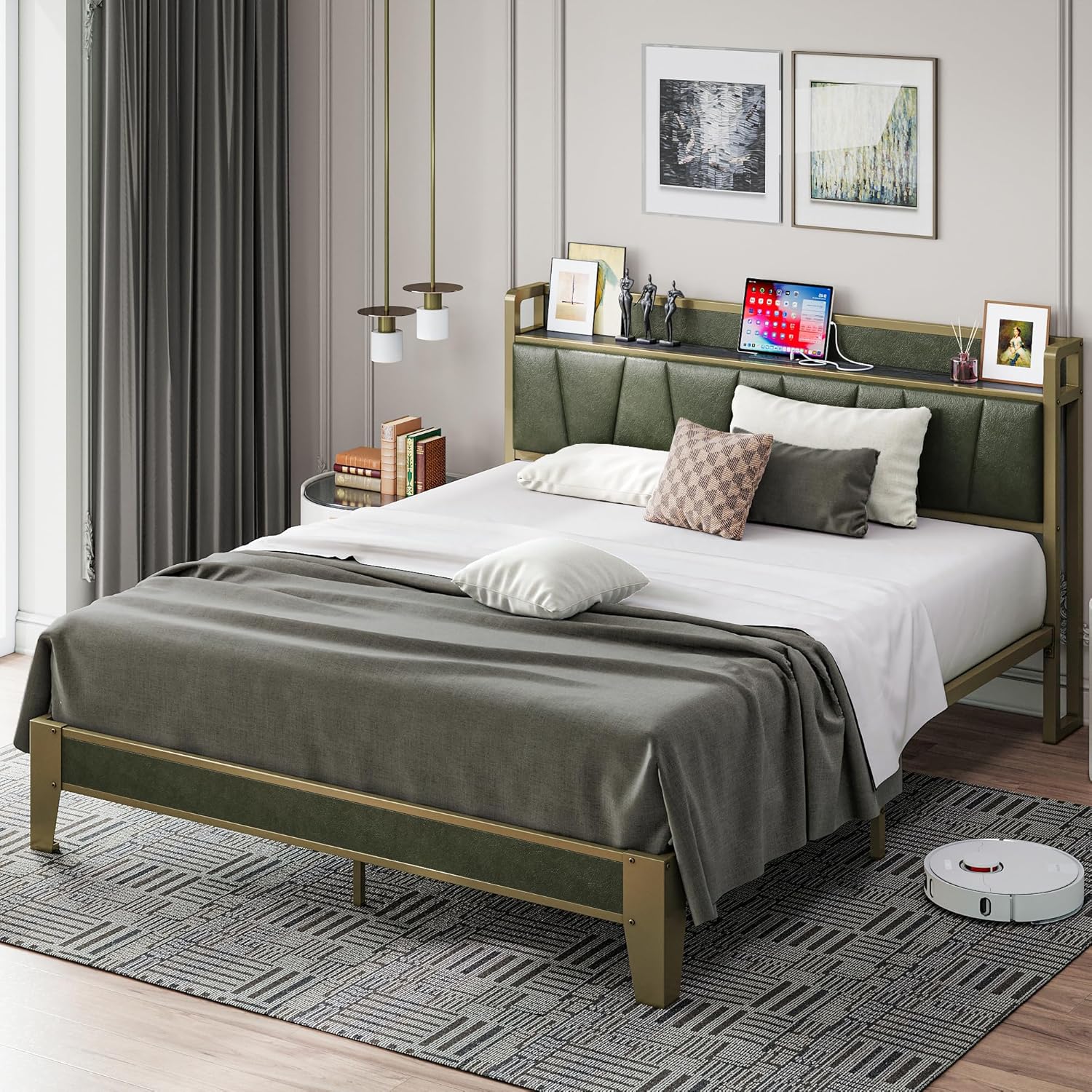 Likimio O8TXFBKUGI2JSDVS 55.9-in W Dark Green Full Bed Frame with Storage Charged Headboard