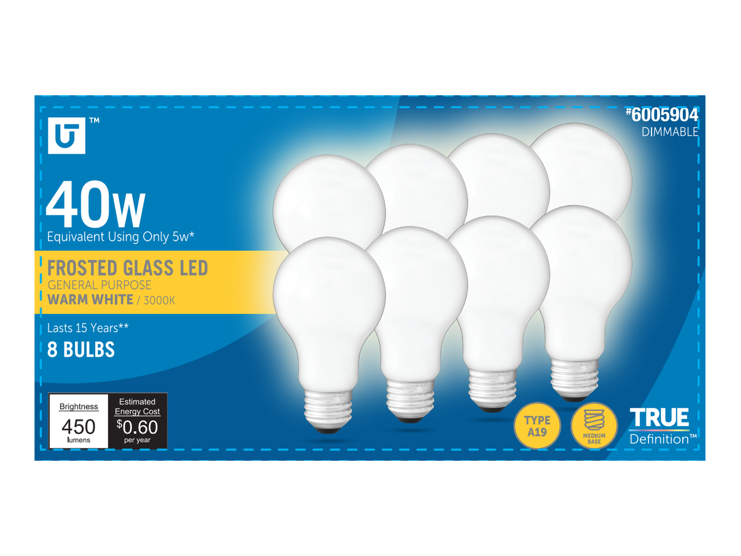 Utilitech 3A19DG5WOP30K8P 40 -Watt EQ A19 Warm white E26 Dimmable LED General purpose Light Bulb 8 -Pack