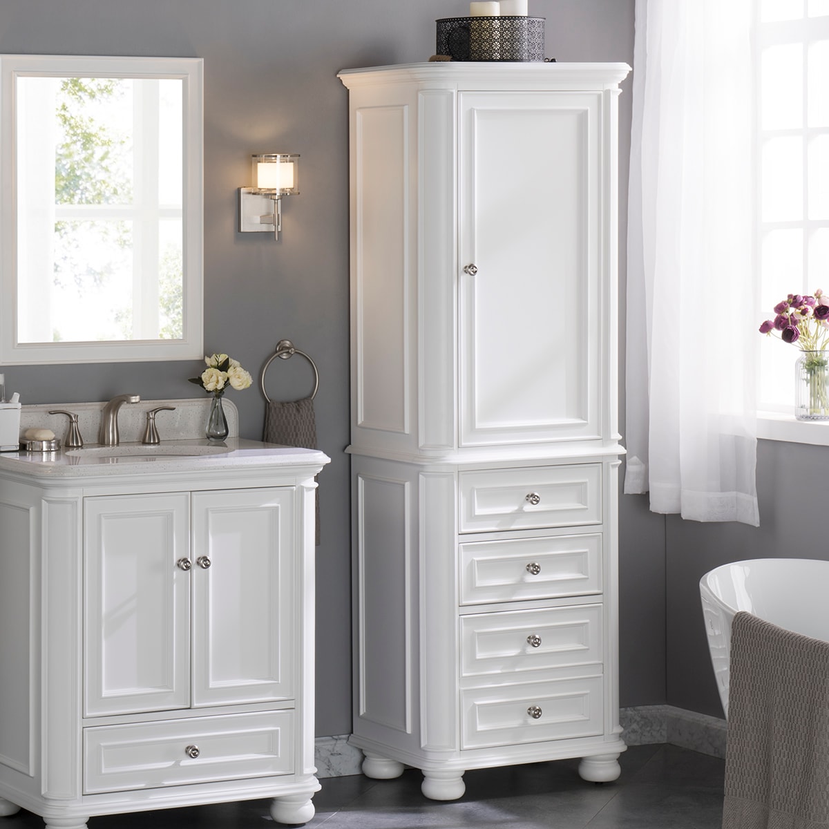 13.03 in. W x 10.4 in. D x 63.8 in. H White Leben Linen Cabinet, 2-Piece Bathroom Set