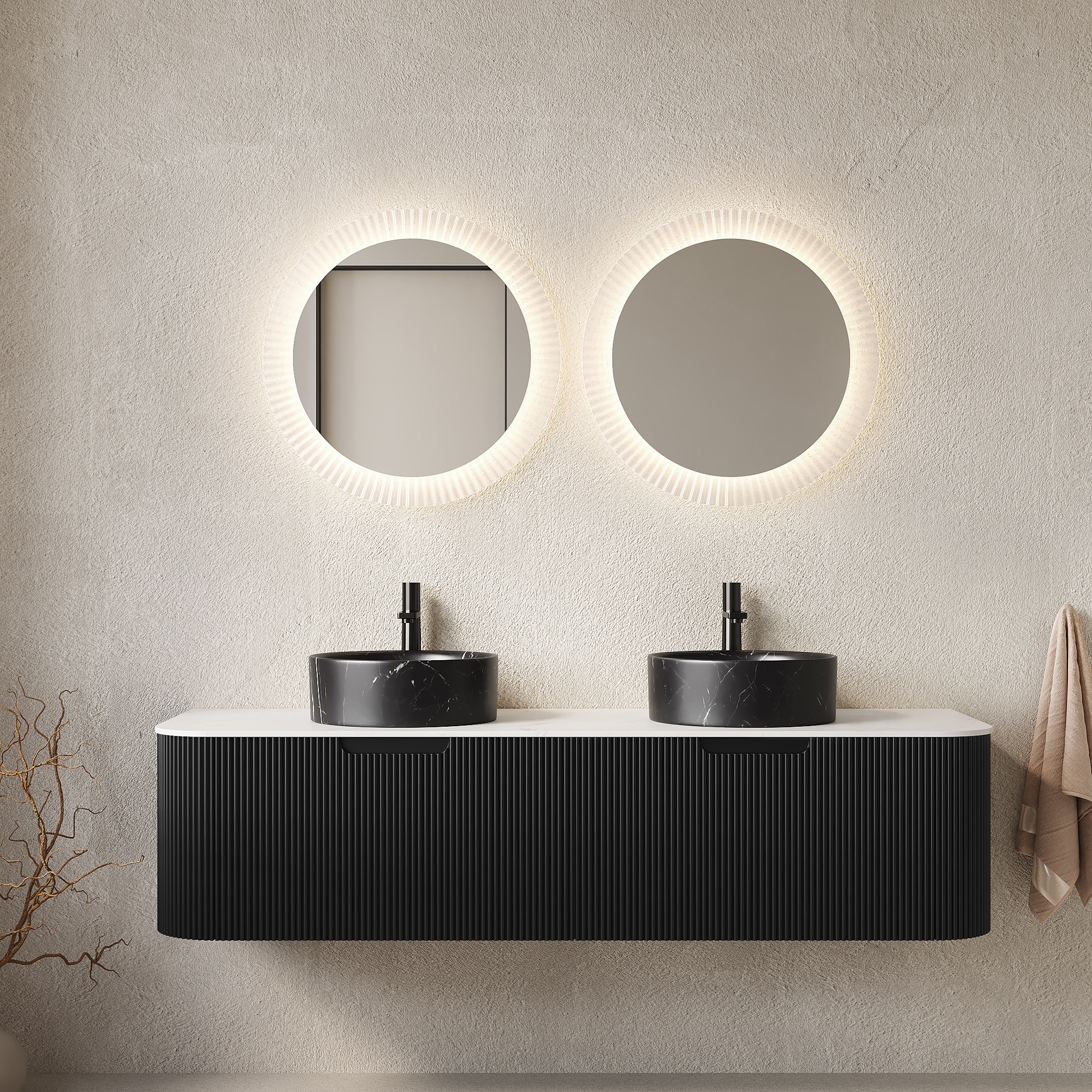 Vynxaria - 60 in Black Floating Bathroom Vanity with Black Round Ceramic Vessel Sink Carrara Whit...