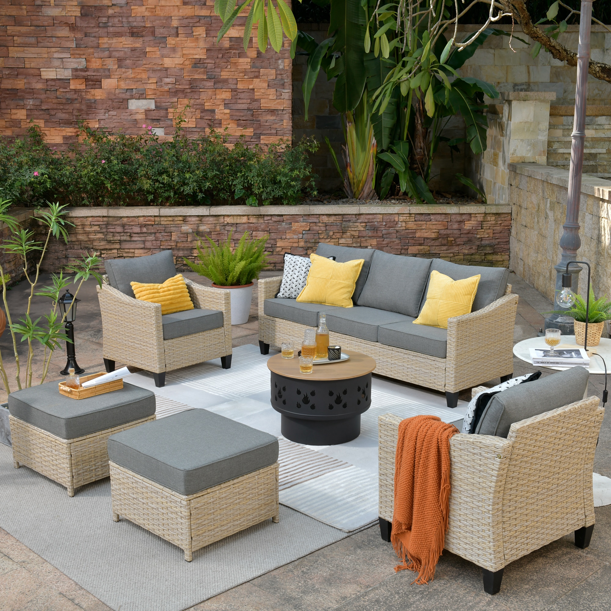 weaxty Athena 6-Piece Wicker Patio Conversation Set with Gray Cushions ...