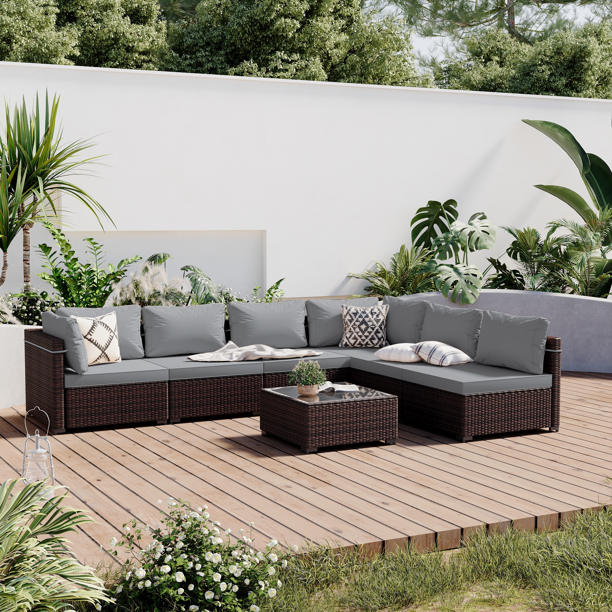 Patio Watcher RT-OD7-B5-3 7 -Piece Rattan Patio Conversation Set with Gray Cushions