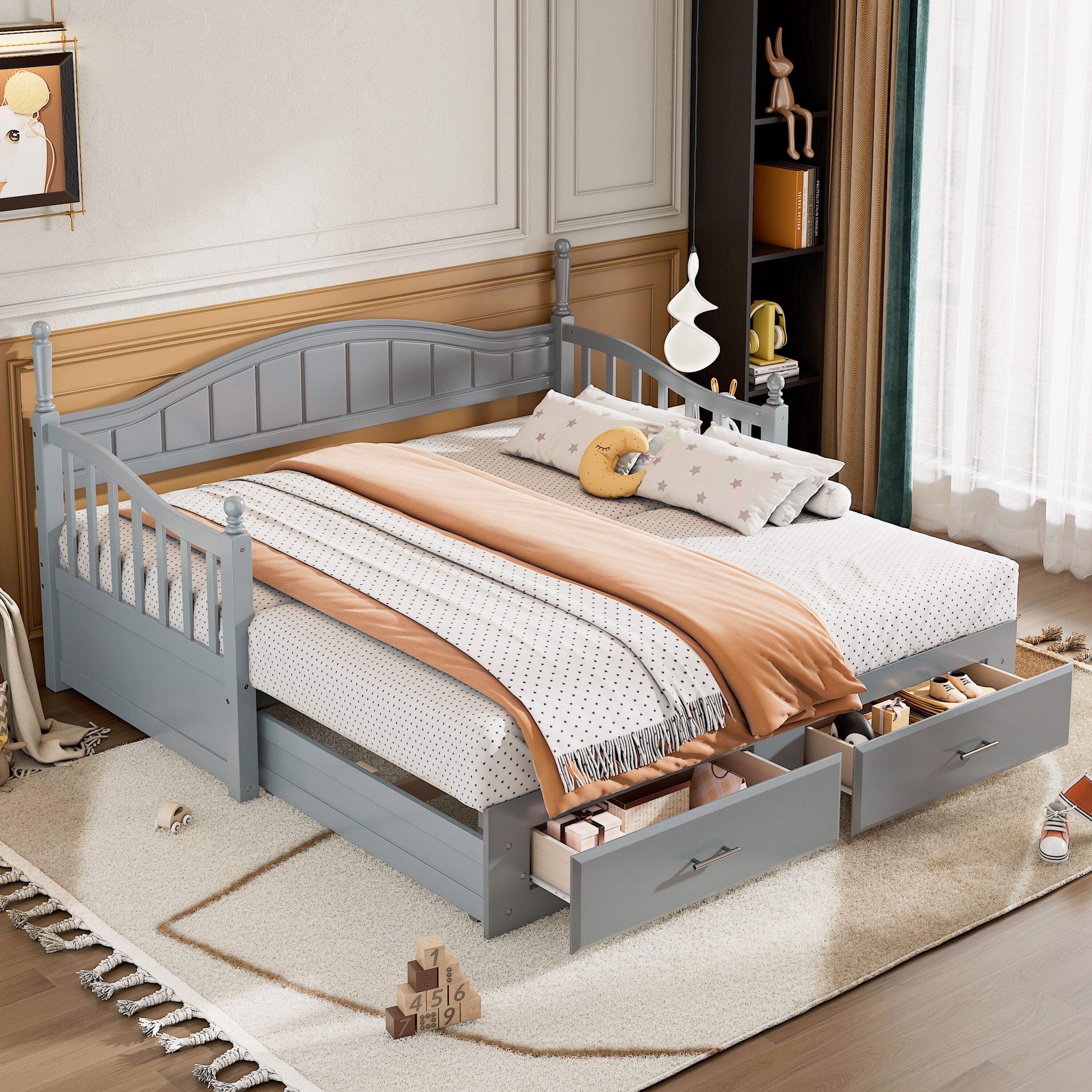 LOVMOR SF-R-N733S173459E Wooden Twin Size Daybed with Twin Size Trundle Extendable Daybed with Two Storage Drawers Gray
