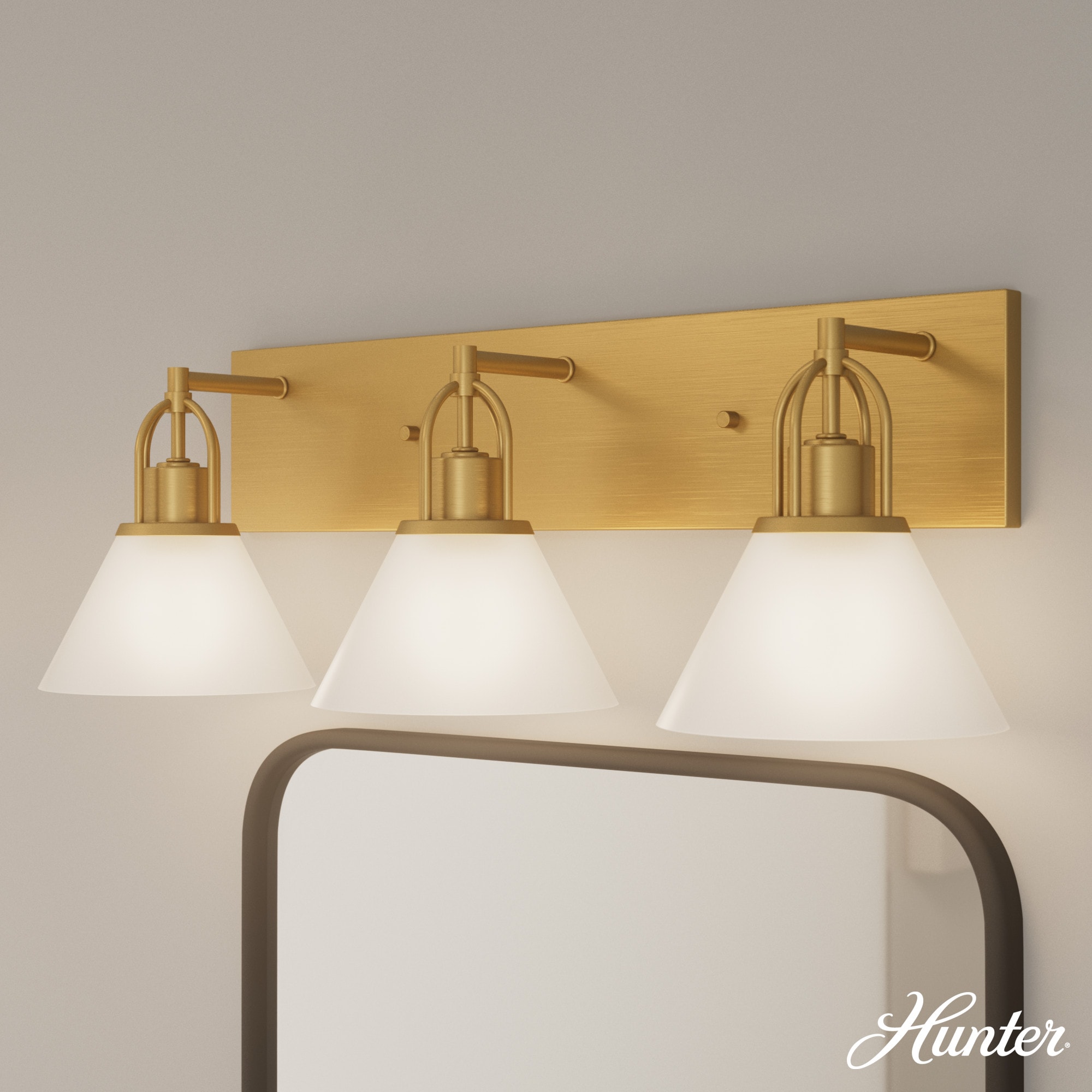 Hunter 13170 Carrington Isle Luxe Gold with Cased White Glass Glass 3 Light Bathroom Vanity Wall Light Fixture