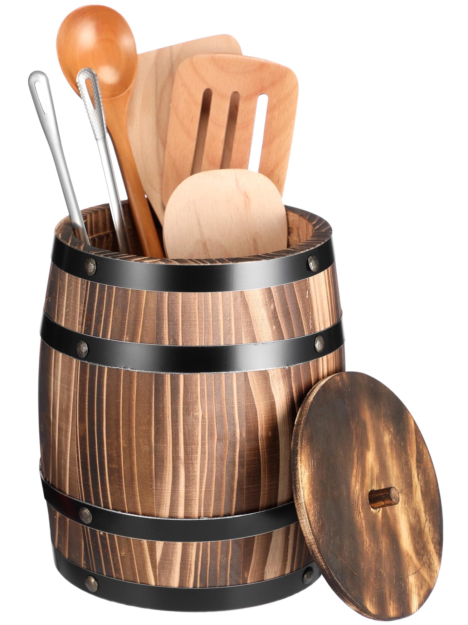 DHMHD 8 by 6.5 Wine Barrel Design Kitchen Utensil Crock with Lid Large Wood Cooking Tool Holder for Kitchen Counter Rustic Organizer #LDH0821X268