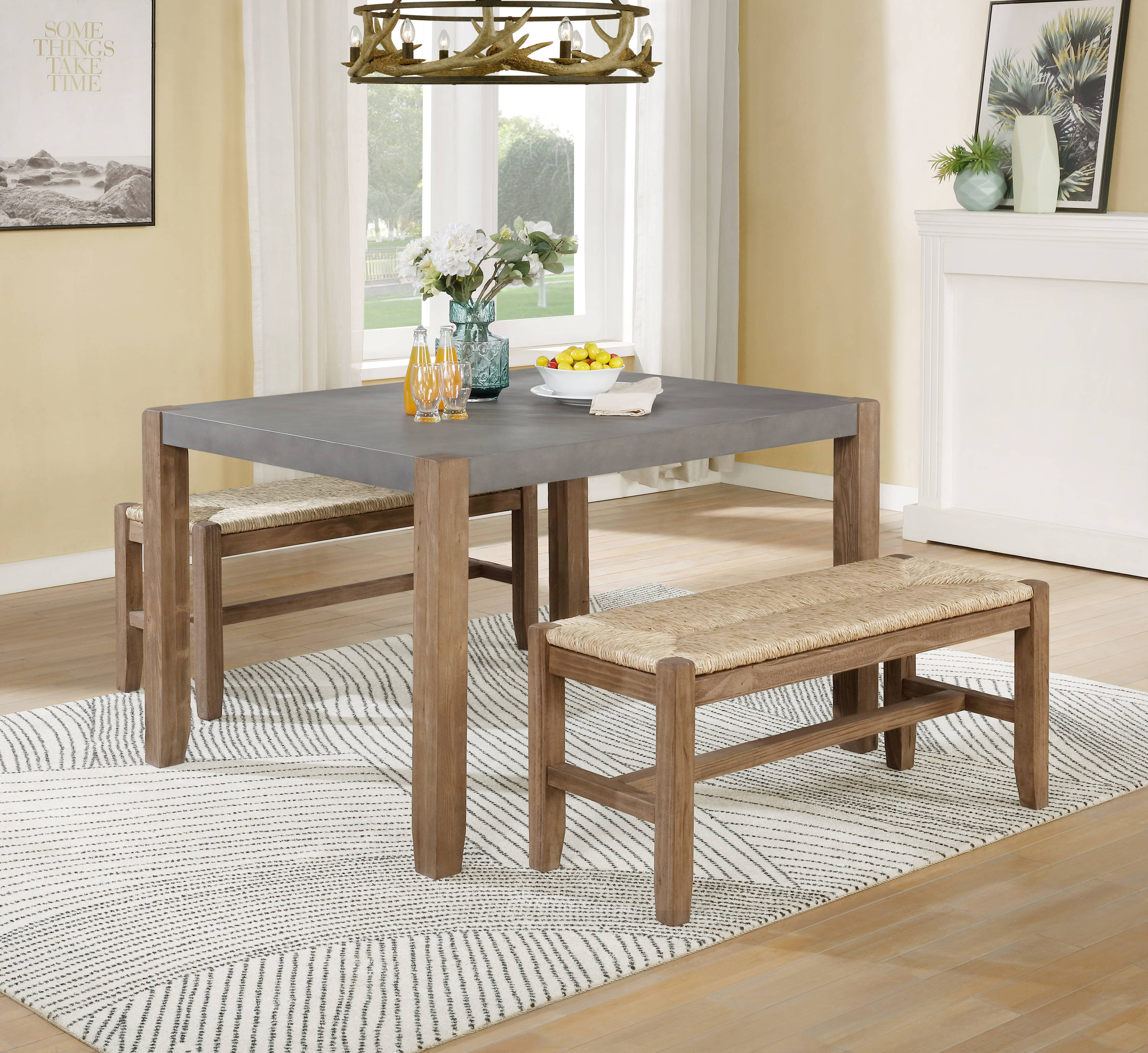 Newport 40" Light Brown Wood Bench with Rush Seat