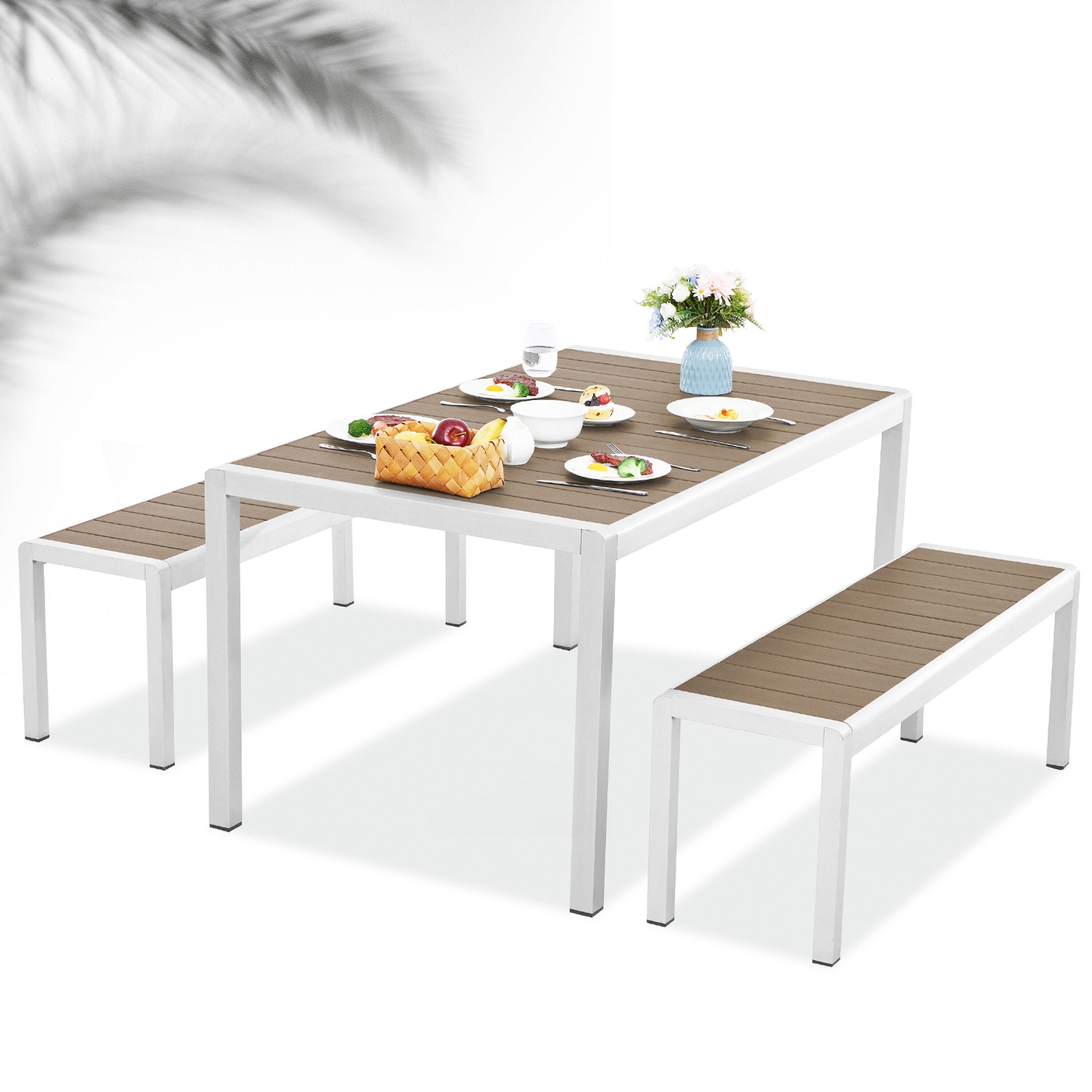 JEAREY YMLZCZ3JT-BROWN Patio Aluminum Dining Set 3 -Piece Brown Patio Dining Set Aluminum Rectangle Table with 2 Stackable Stationary Chairs