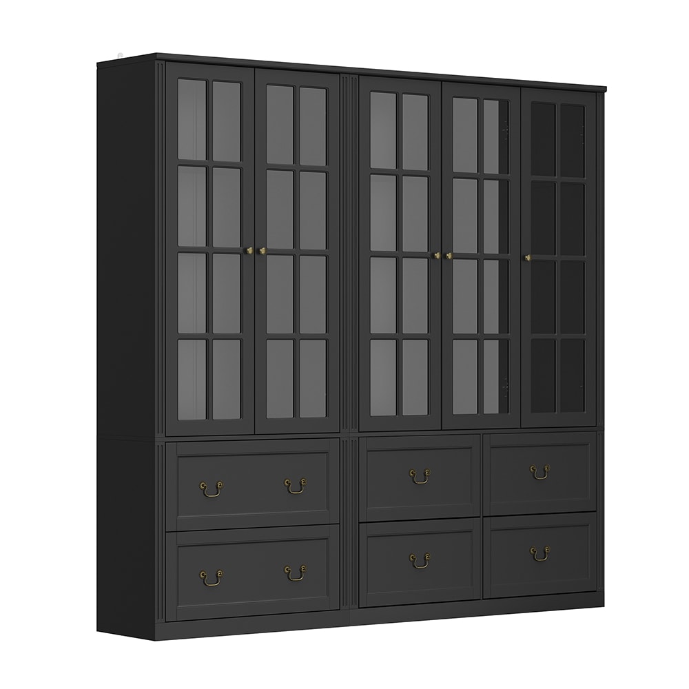 Homsee V-KF020314+315-012 Modern Bookcase with 6 Drawers and Adjustable Shelves Spacious Storage Cabinet with Tempered Glass Doors for Home Office