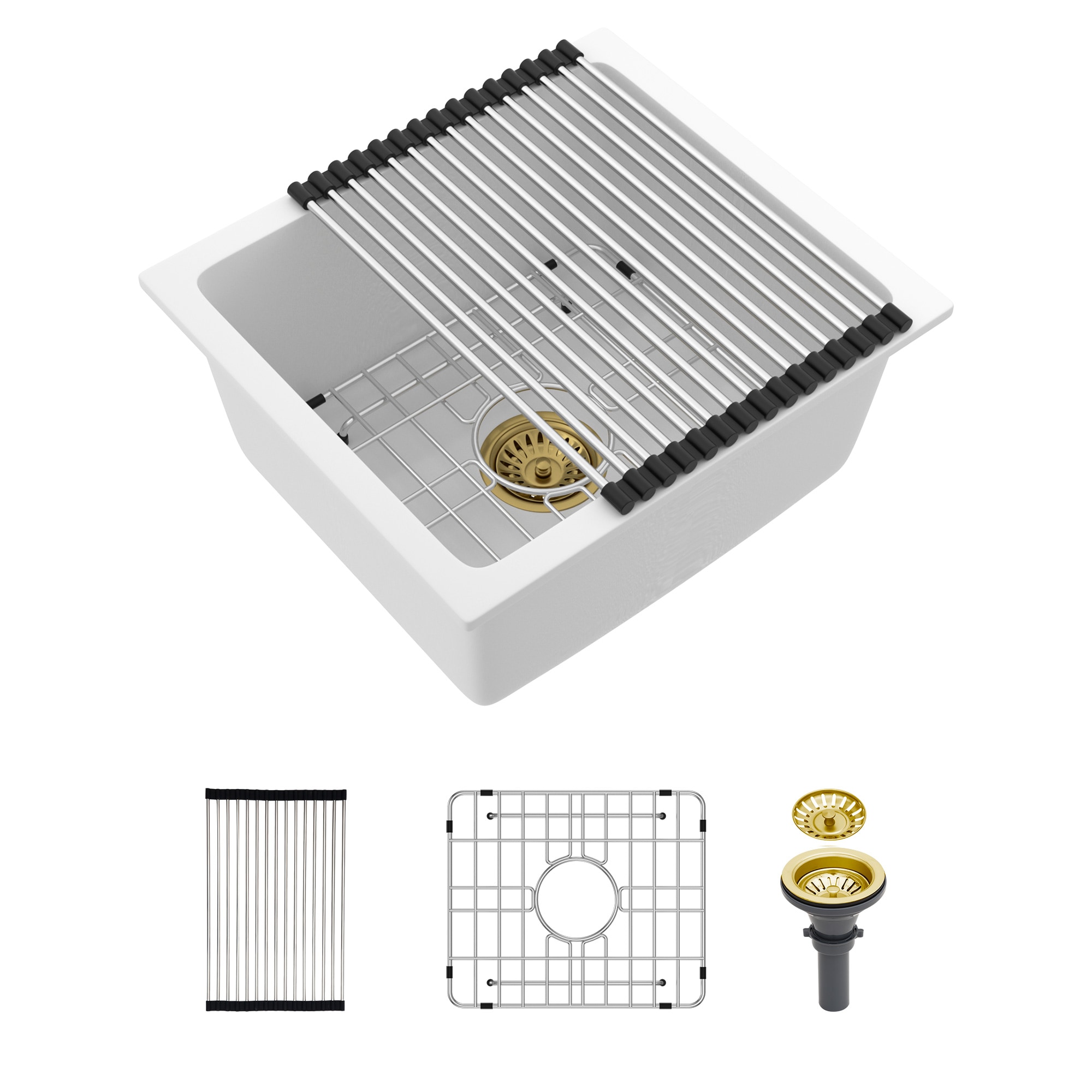 KICHAE Undermount 18-in x 15-in Single Bowl Quartz/Granite Composite Bar Kitchen Sink in White with Gold Drain