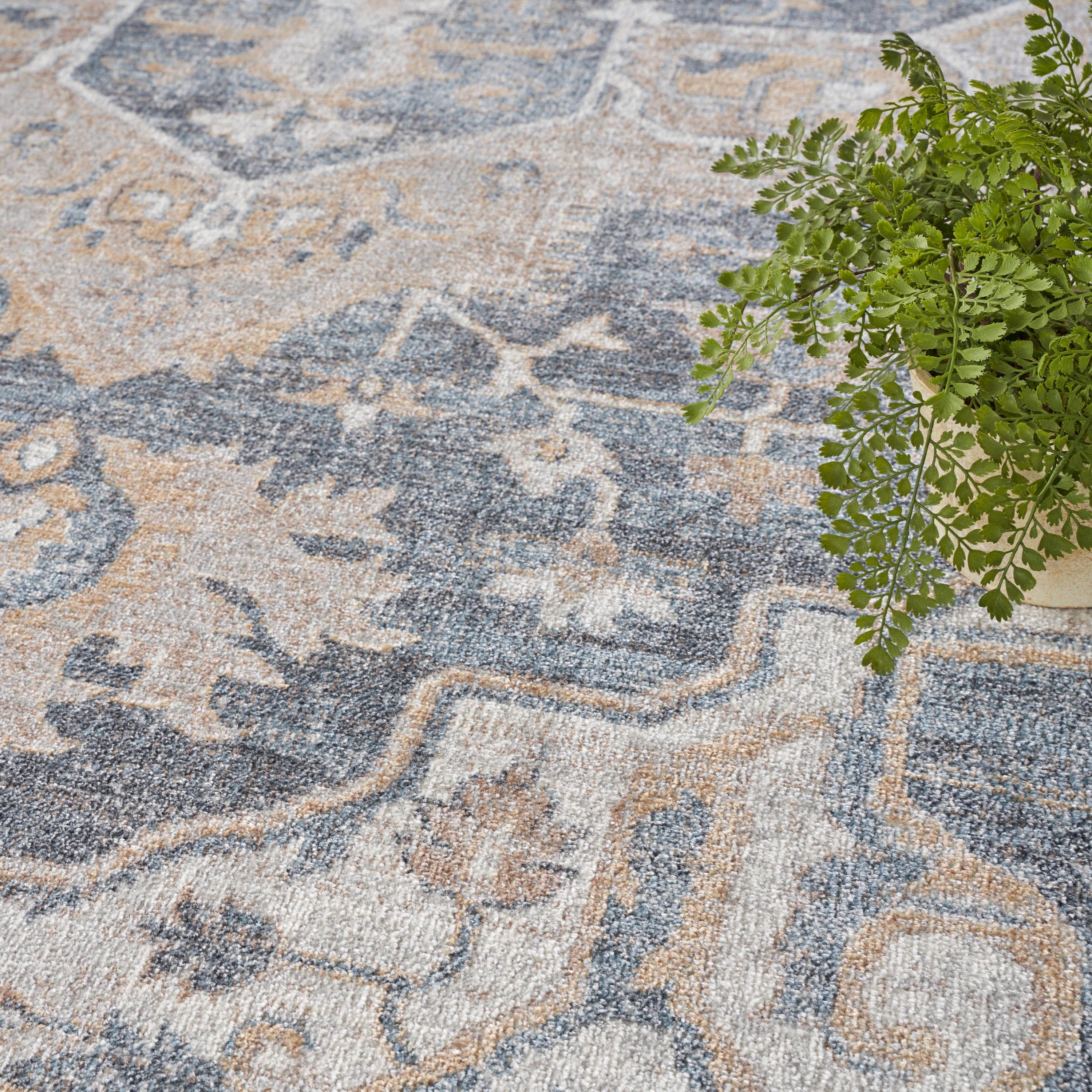 Grey Blue Floral Synthetic 9' x 12' Washable Area Rug