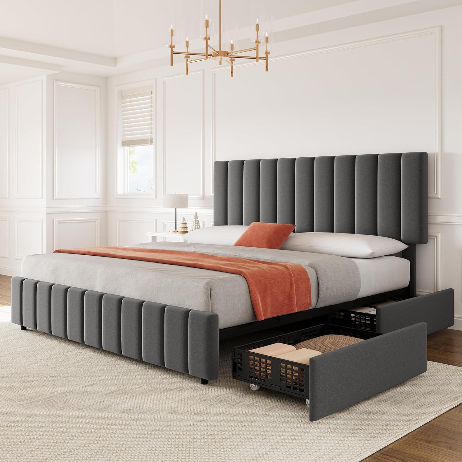 Qeetex LHF-BED-PHO-11ATFEHH King Linen Upholstered Platform Bed Frame with 4 Storage Drawers Adjustable Headboard Wooden Slats Support No Box Spring Needed Grey