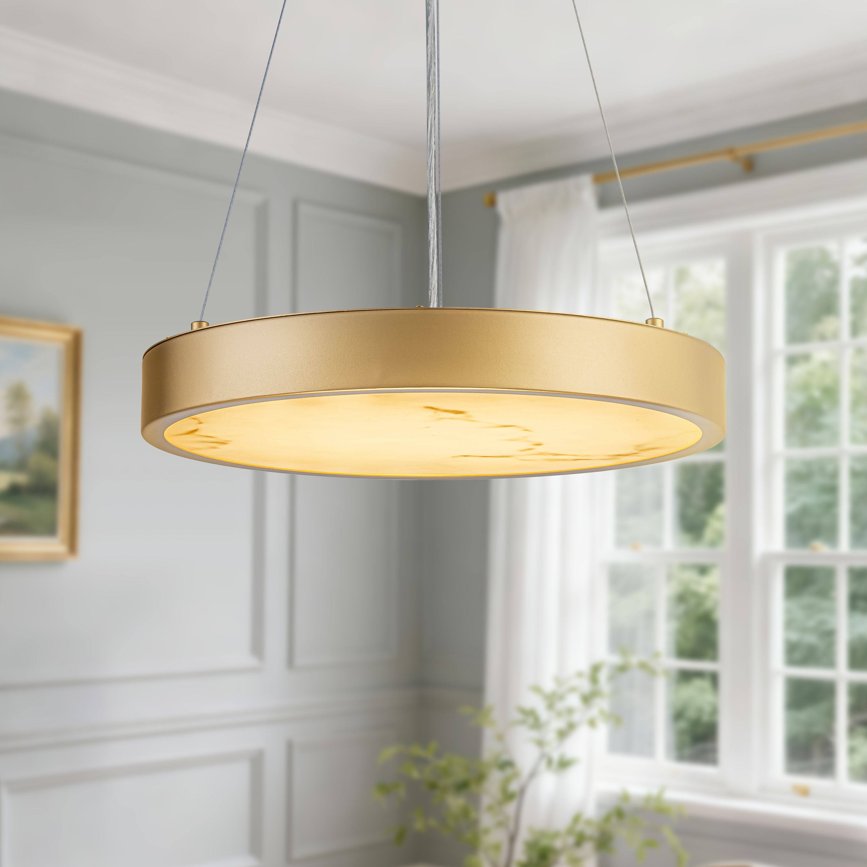 Alynzee - 15.75-in Gold Modern 1-Light Pendant Light with Faux Alabaster Resin Shade and Integrat...