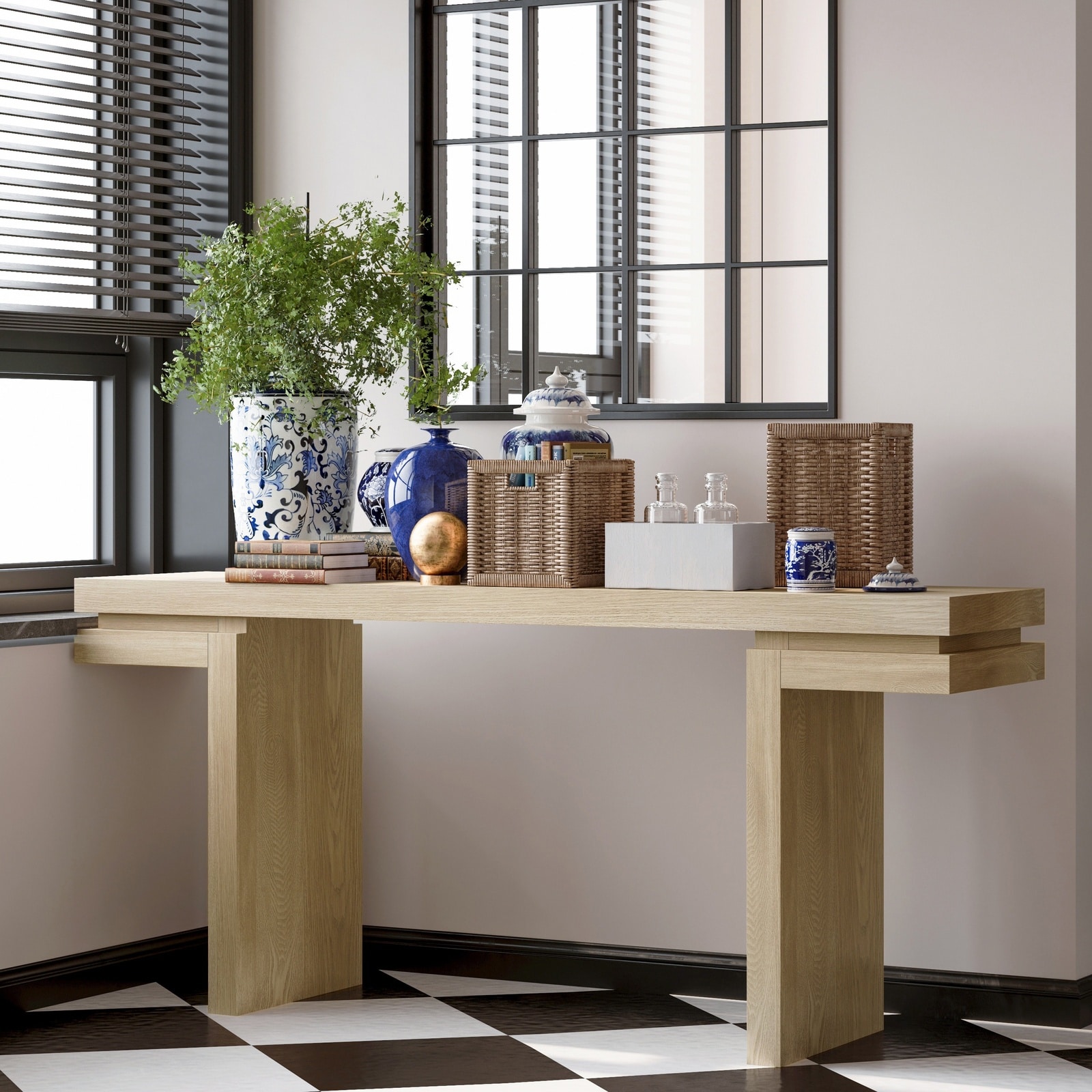 Horizons Prime 66 inch Distressed Oak Real Wood Veneer Console Table with Extra Wide Surface and Open Storage