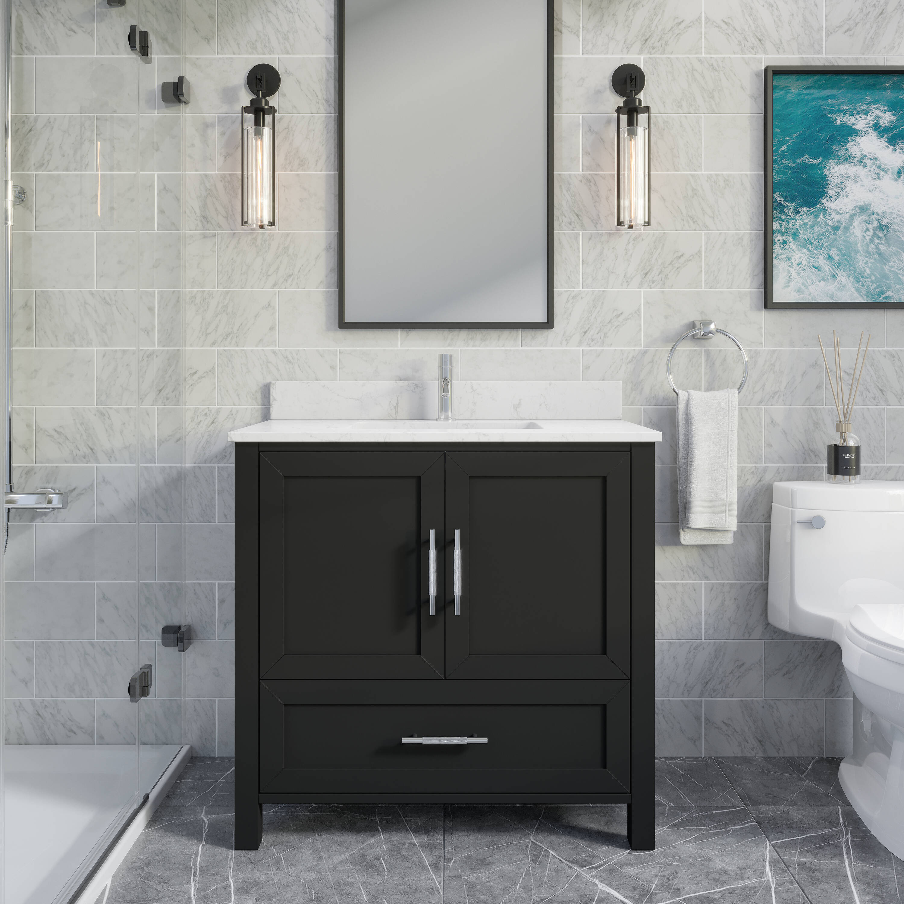 Spa Bathe 21069 Banff 36-in Espresso Undermount Single Sink Bathroom Vanity with White with Gray Specks Engineered Stone Top