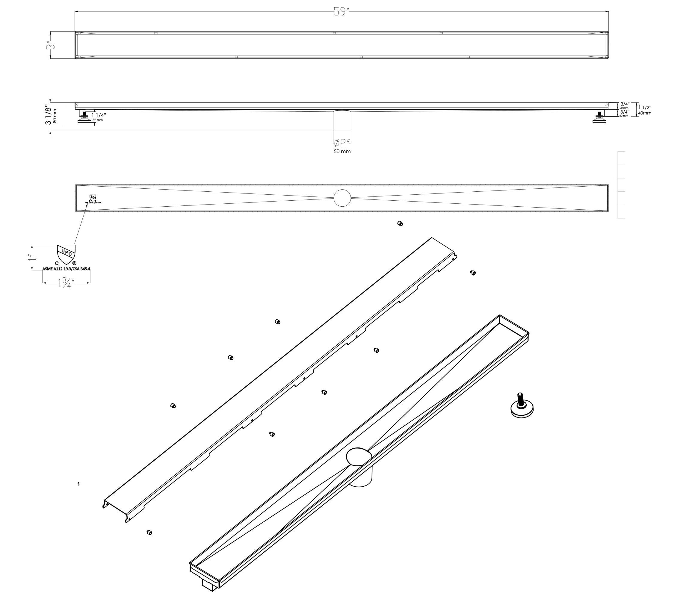 59'' Black Matte Stainless Steel Linear Shower Drain