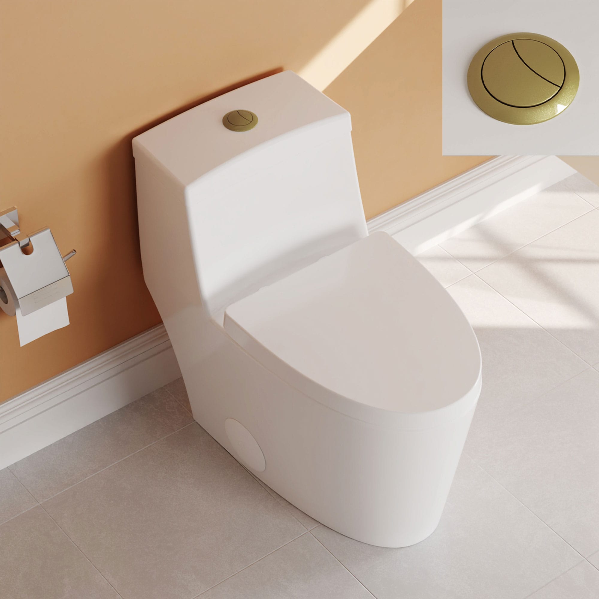 White and Gold Dual-Flush Elongated One-Piece Toilet