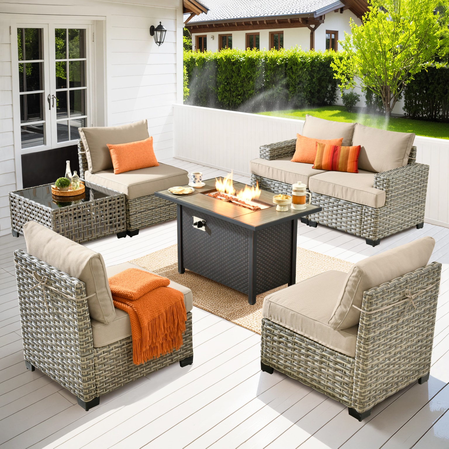Pouuin SDFPTBS606 Wicker Outdoor Sectional with Off-white Cushions and Wicker Frame