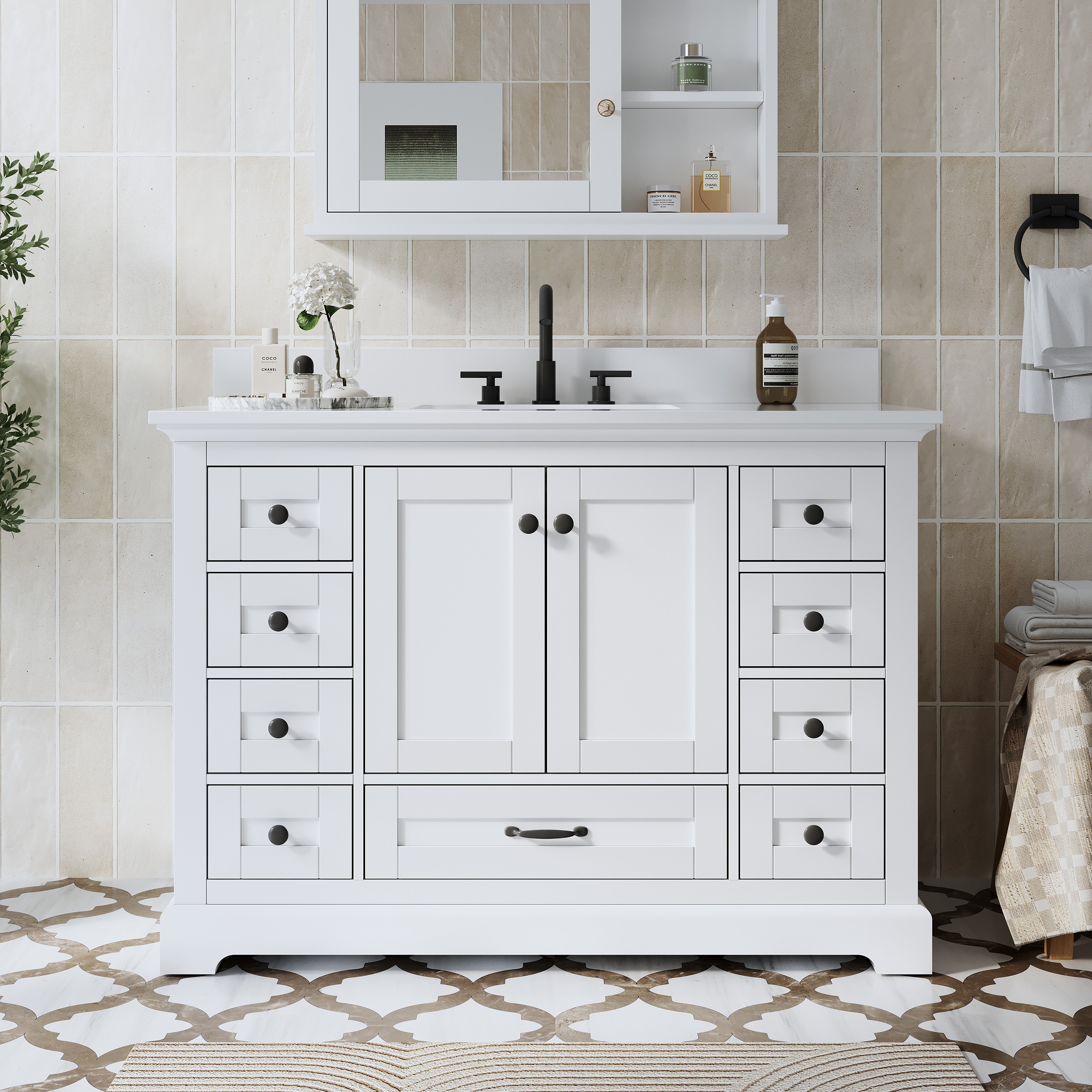 Gtnali - 48-in White Solid Wood Bathroom Vanity with Pure White Cultured Marble Top Soft Close Do...