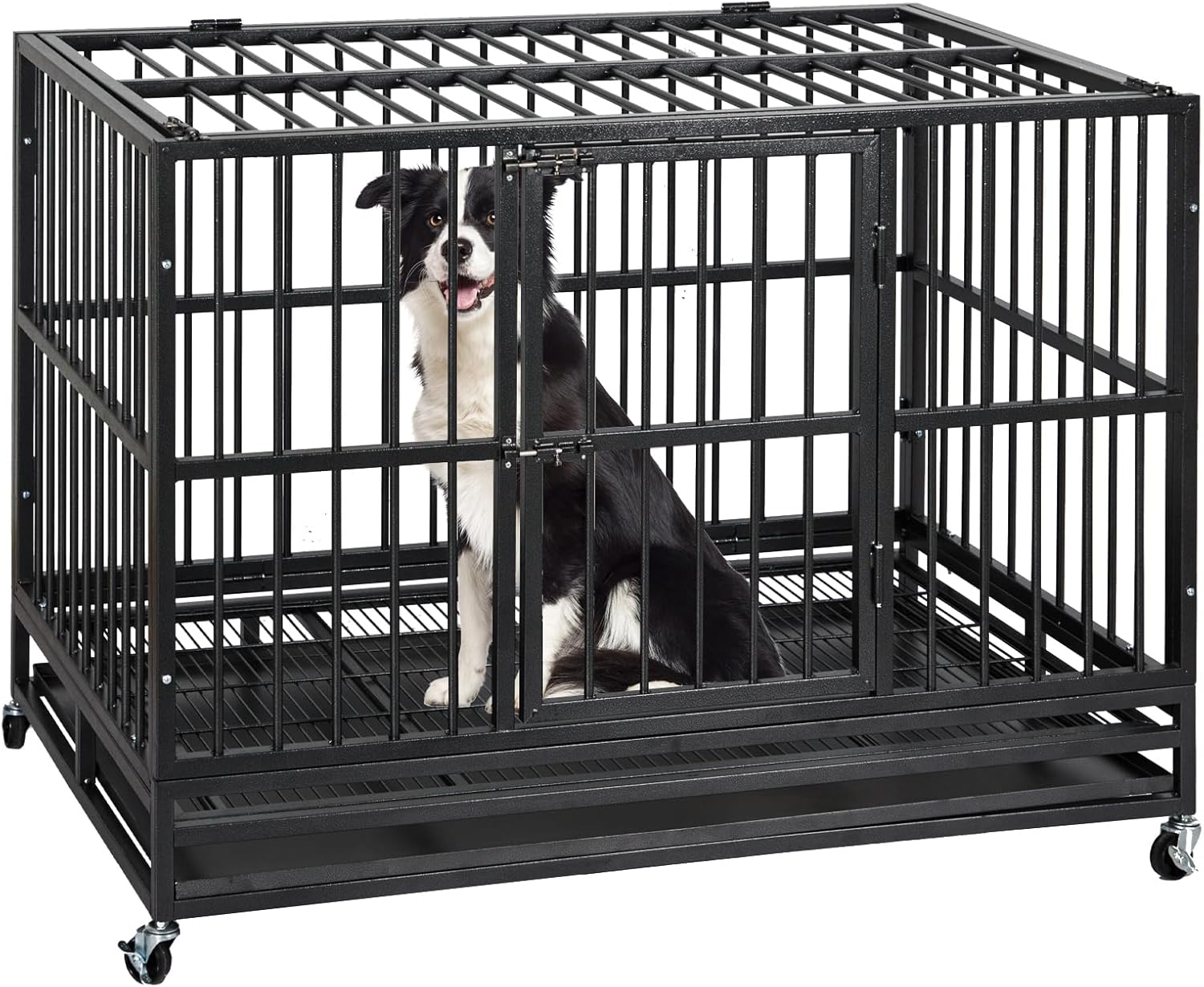 Qeetex 48 Inch Heavy Duty Dog Crate for Large Dogs - Sturdy Double Door Design Removable Tray Locking Wheels and Brakes Ideal for Medium and Large Pets