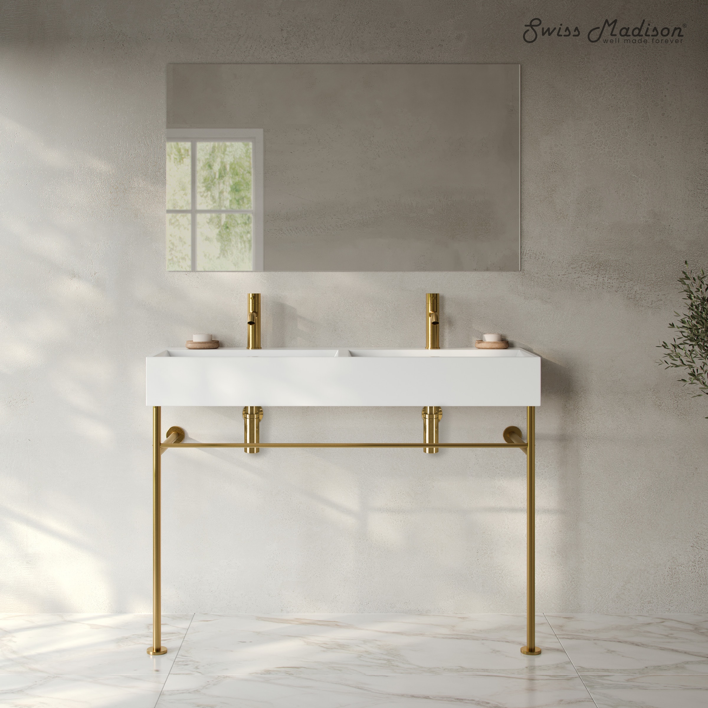 Swiss Madison SM-25-CSREI01BG-D Reims Ceramic 48-in Wall-mount Modern Brushed Gold Console Sink with Base