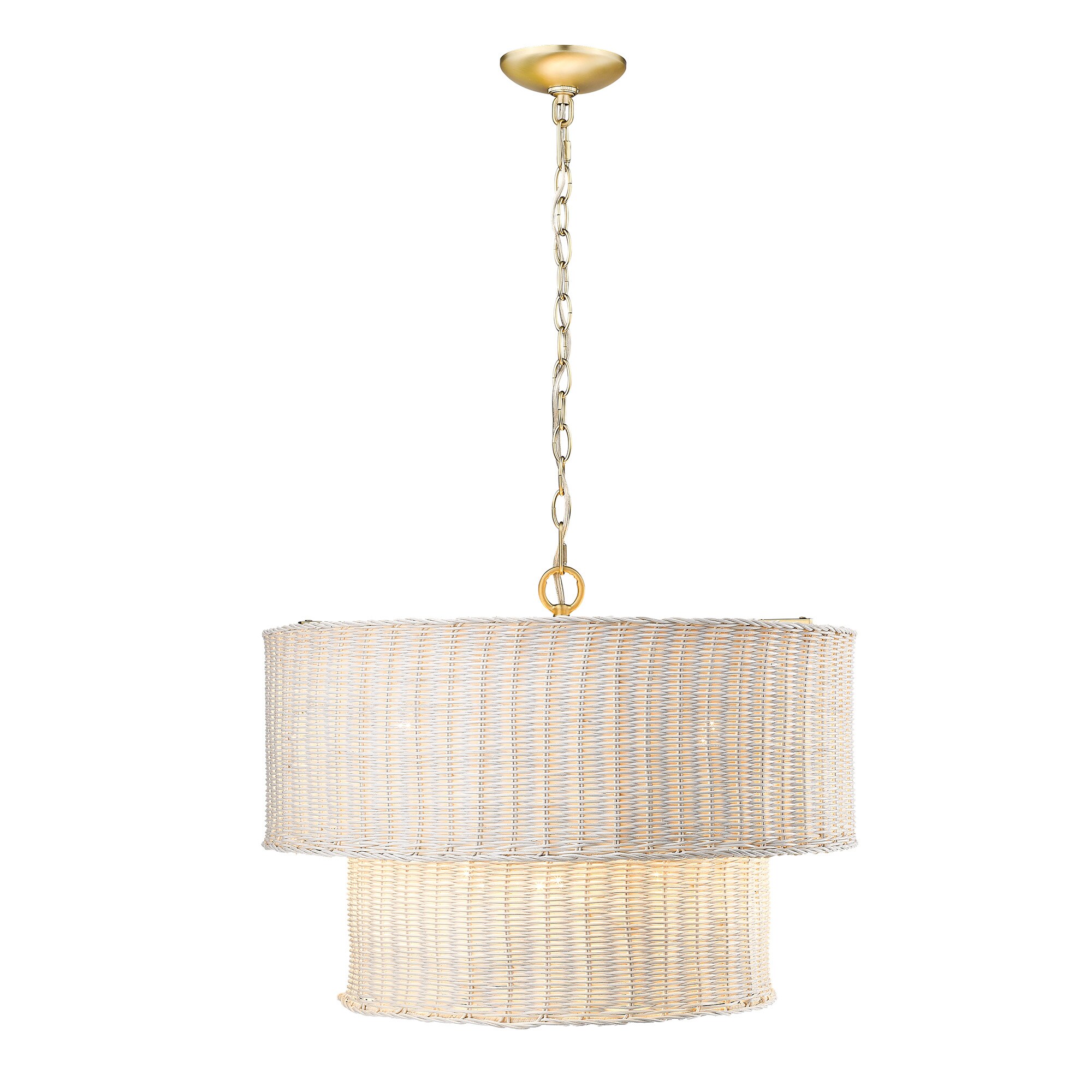 White Wicker Drum Chandelier with Bronze Accents