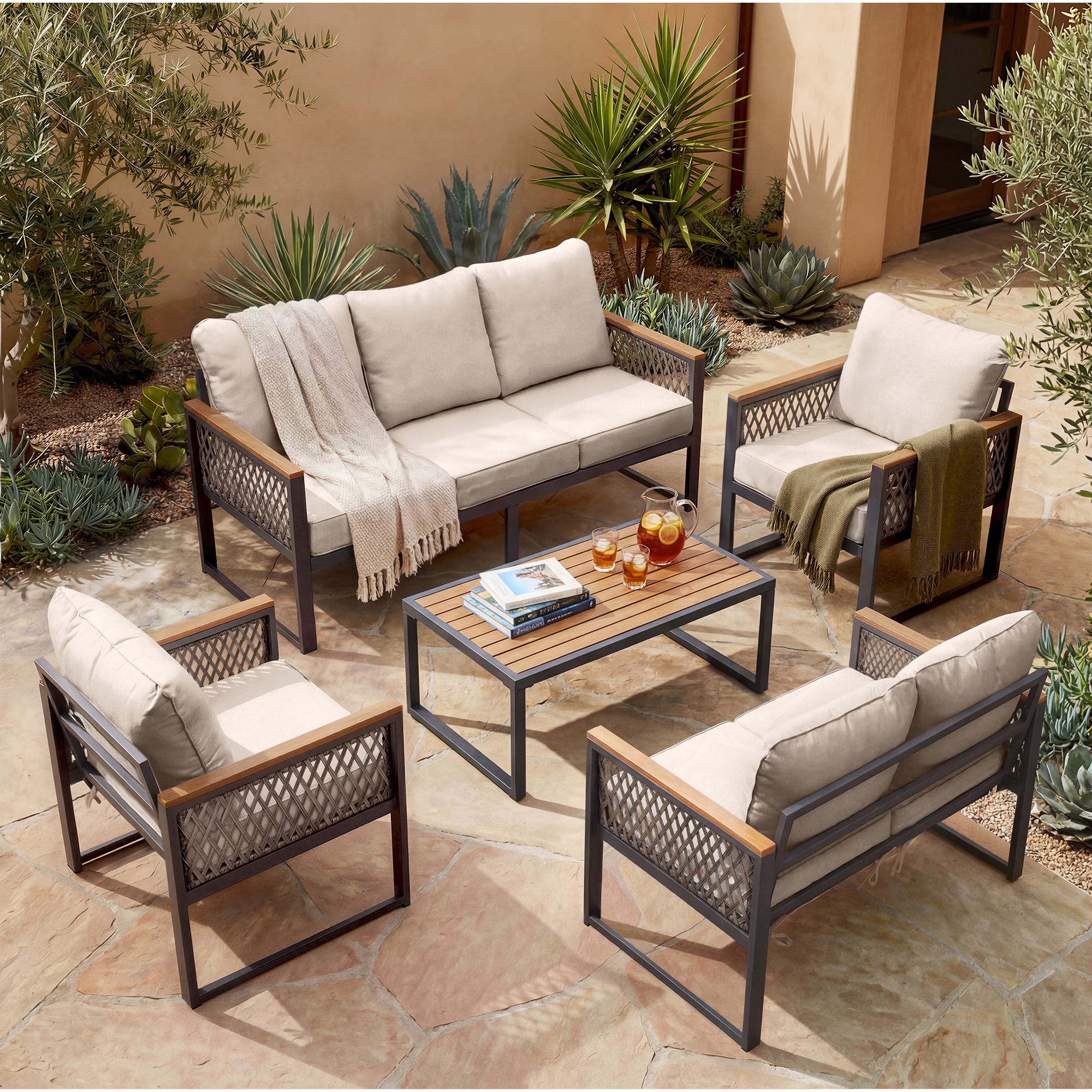Patio Watcher - 5 -Piece Patio Conversation Set with Beige Cushions Included