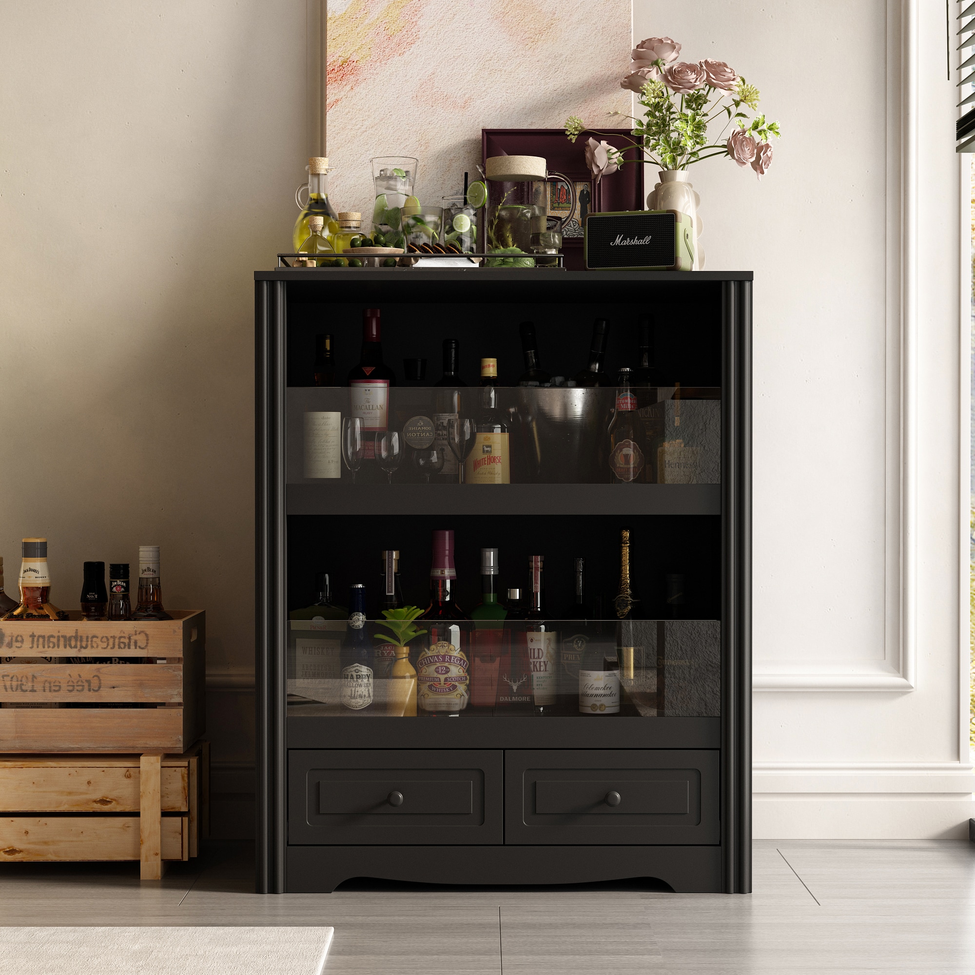 FUFU&GAGA KF150223-01 Contemporary/Modern Black Kitchen hutch with Wine Storage