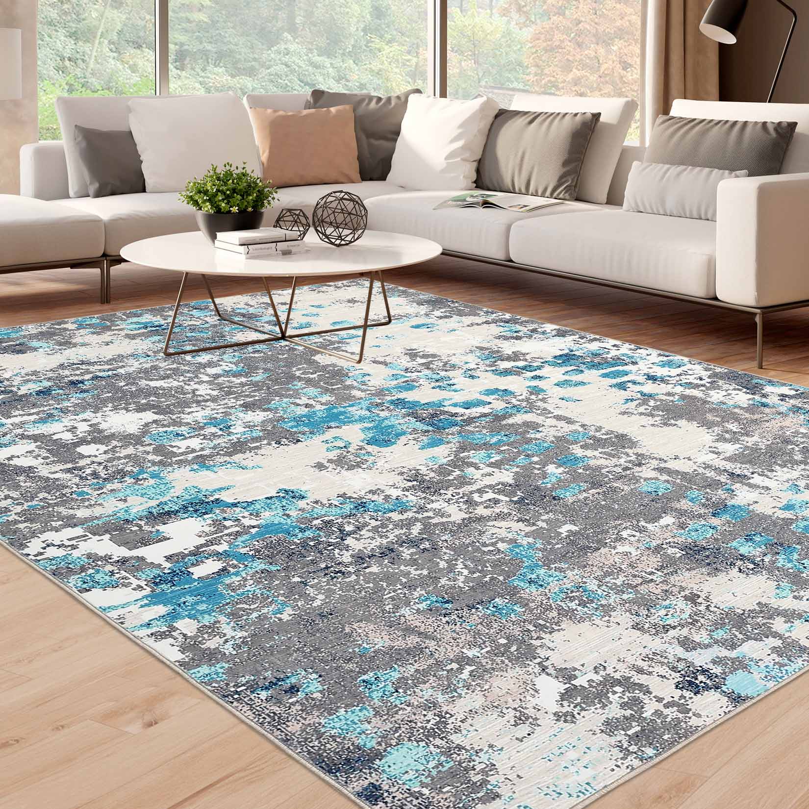 Garvee YXY-LO-PHO-11V4E9NK 10 x 13 (ft) Loomed Polyester Blue/Gray Rectangular Indoor Abstract Mid-Century Modern Machine washable Area rug