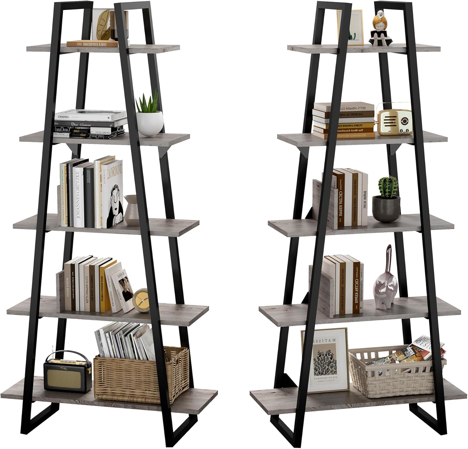 Qeetex YHC-0YDVDKH7 5-Tier Dark Gray Wood Grain HS Ladder Cardboard Bookshelf Sturdy Metal Frame Melamine Narrow Corner Storage Shelf for Home Office Living Room Kitchen Bedroom