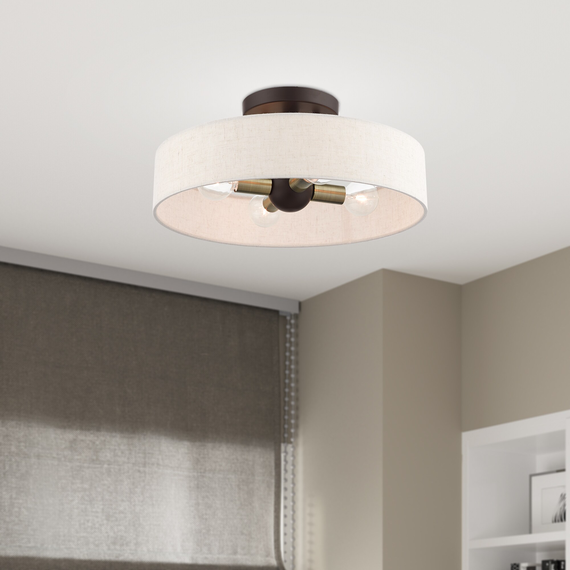 Bronze Antique Brass 4-Light Drum Semi-Flush Mount with Oatmeal Shade