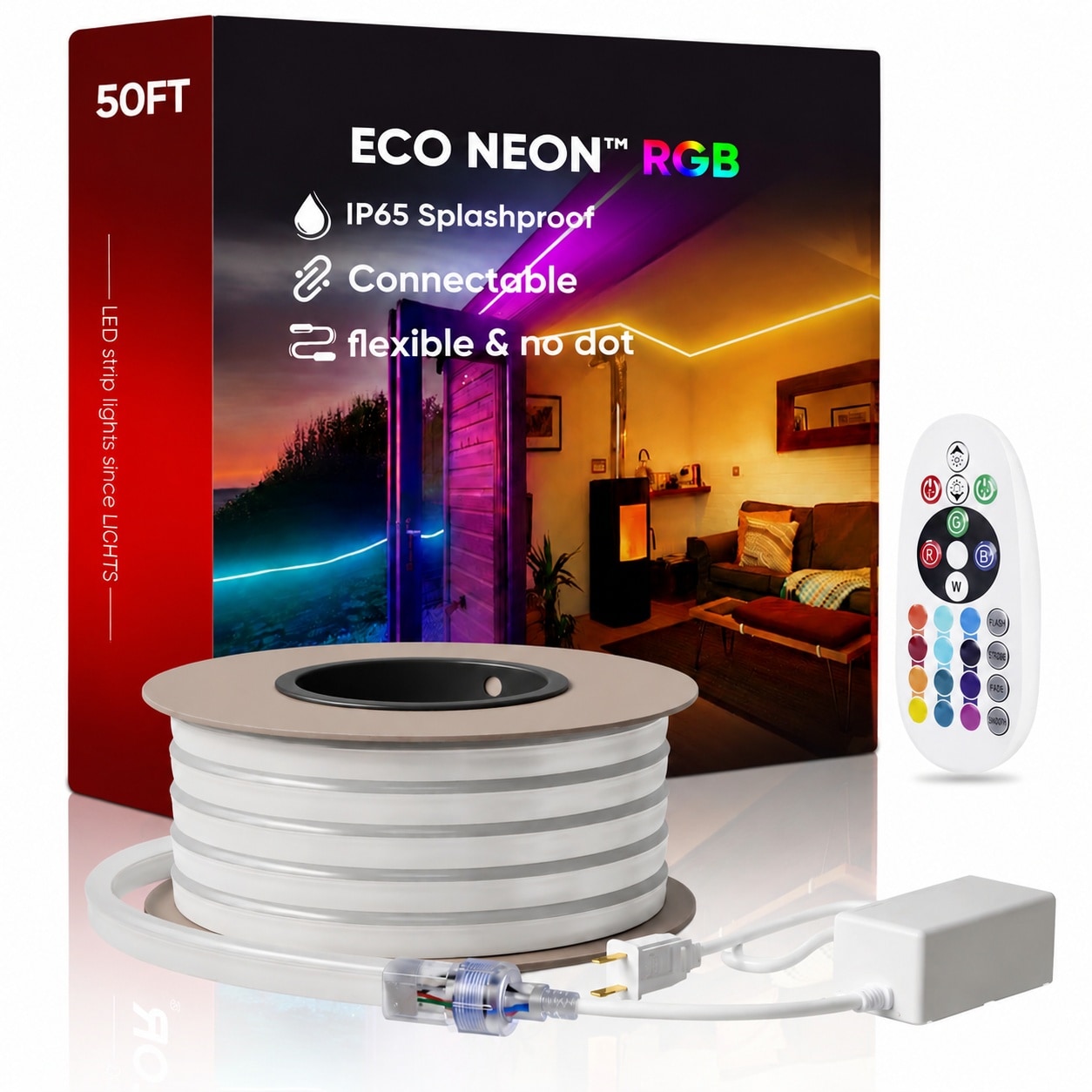 Lukvuzo  LED RGB Neon Rope Light 50FT Expandable Cuttable Strip Lighting Remote Dimmable Color Changing ETL Listed IP65 Waterproof Cold Resistant
