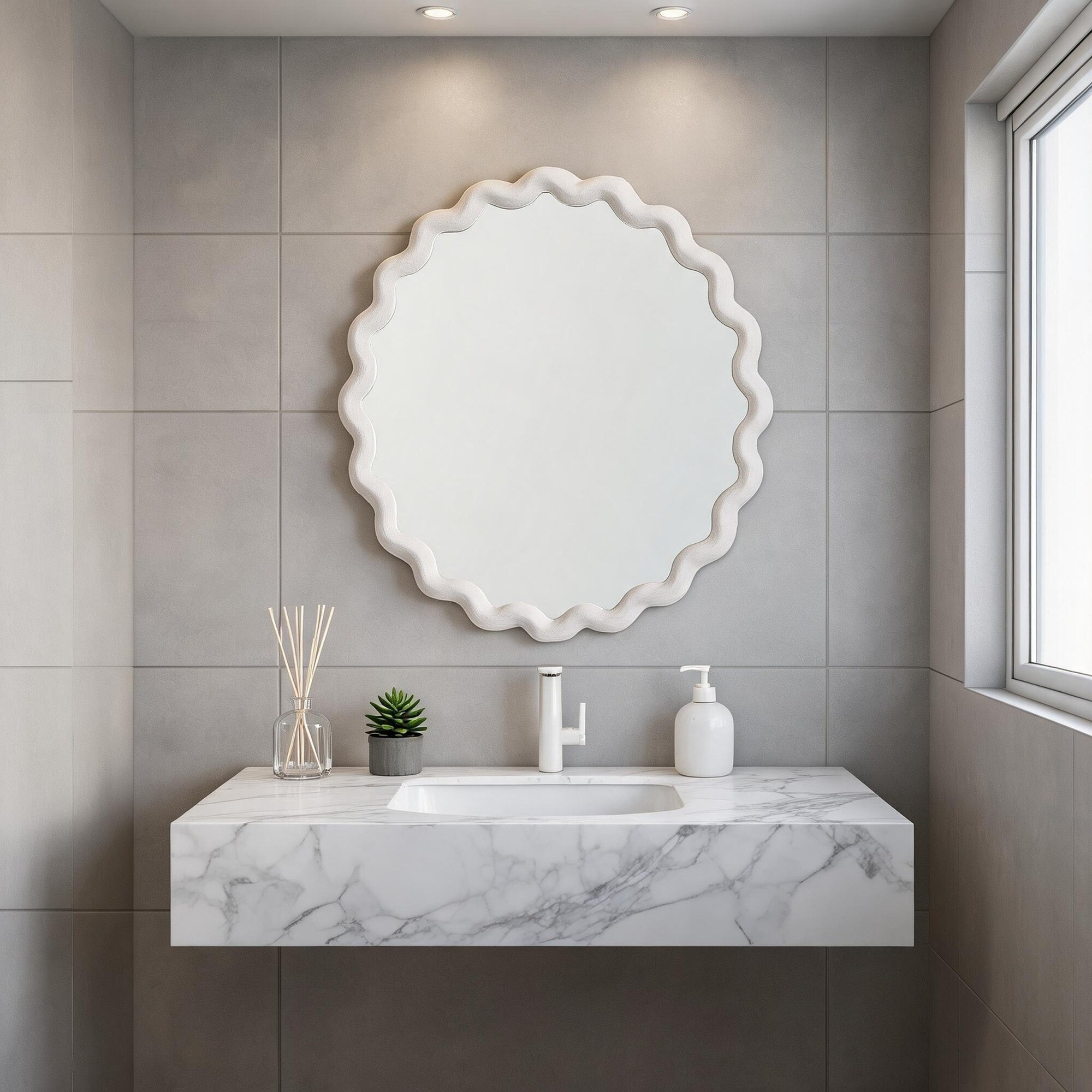 IAK 28 inch Cream White MDF and Glass Scalloped Round Wall Mirror with Wavy Frame