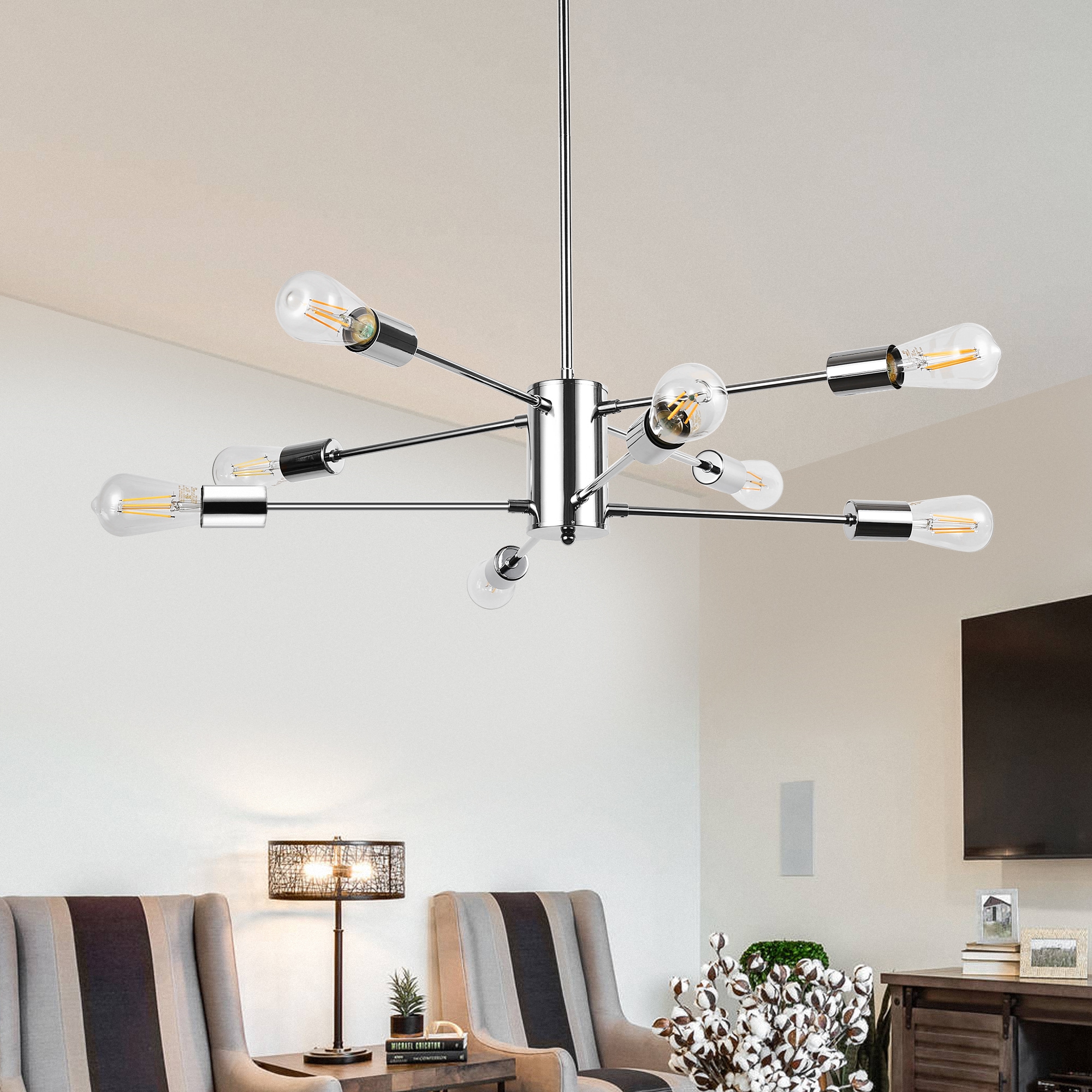 YANSUN L-DZ128B 8 -Light Matte Chrome Mid-century Bare bulb For Use in Bedrooms, Dining Rooms, Foyers, Kitchens, Living Rooms Chandelier