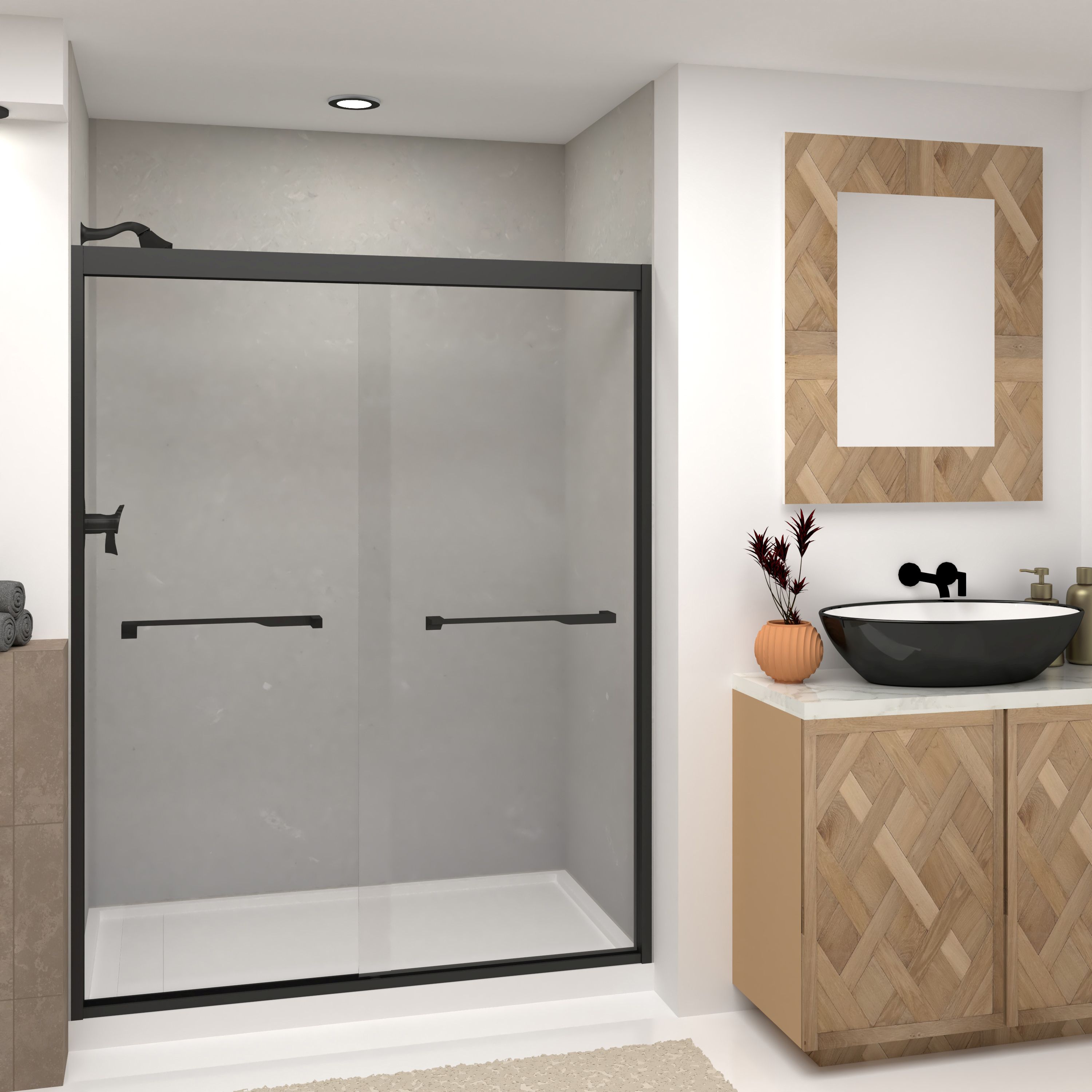 Transolid FBPT607608C-J-MB Frederick Matte Black 57-3/4-in to 59-in x 76-in Semi-frameless Bypass Sliding Soft Close Shower Door