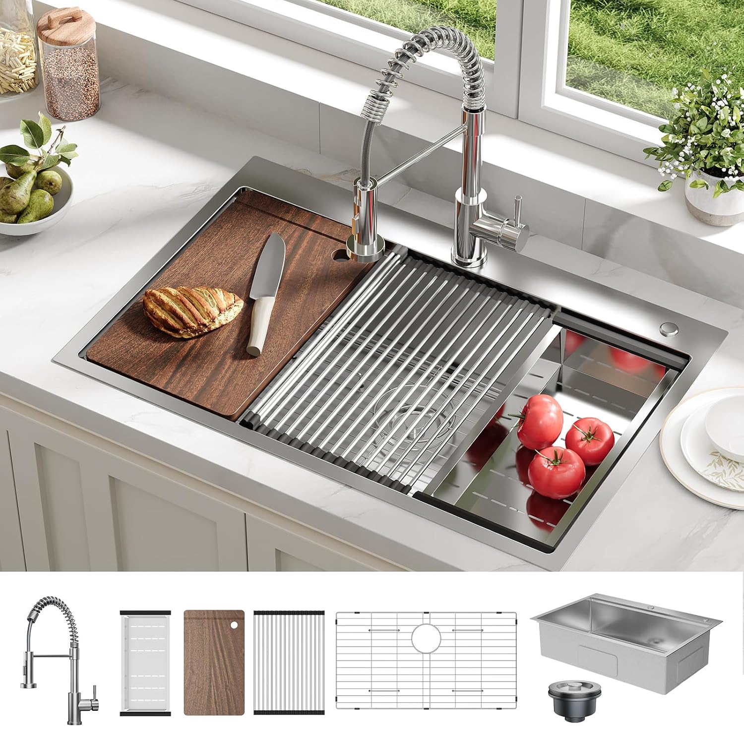 IdealHouse Kitchen Sink 33X22X9 inches Drop in Stainless Steel Single Bowl Sink with Accessories Modern Top Mount Workstation Sink with Pull Down Faucet for Bar Kitchen Silver