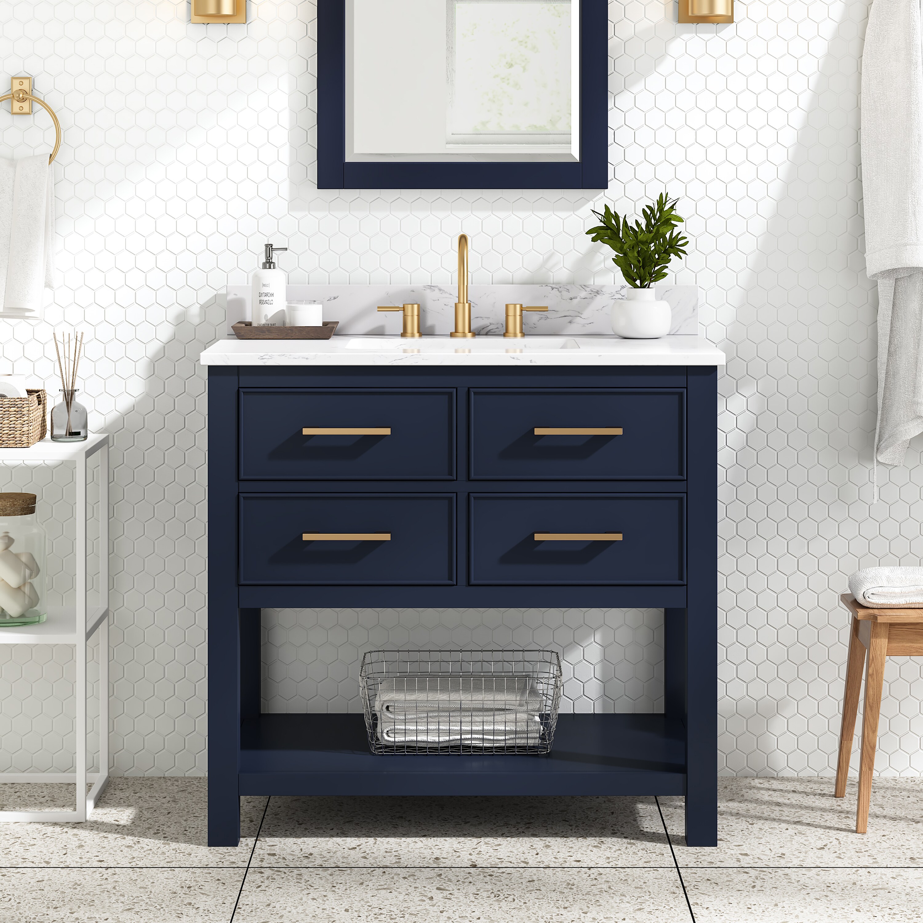 Avanity BROOKS-VS37-NB-E 37-in Navy Blue Undermount Single Sink Bathroom Vanity with Cala white engineered marble Engineered Stone Top