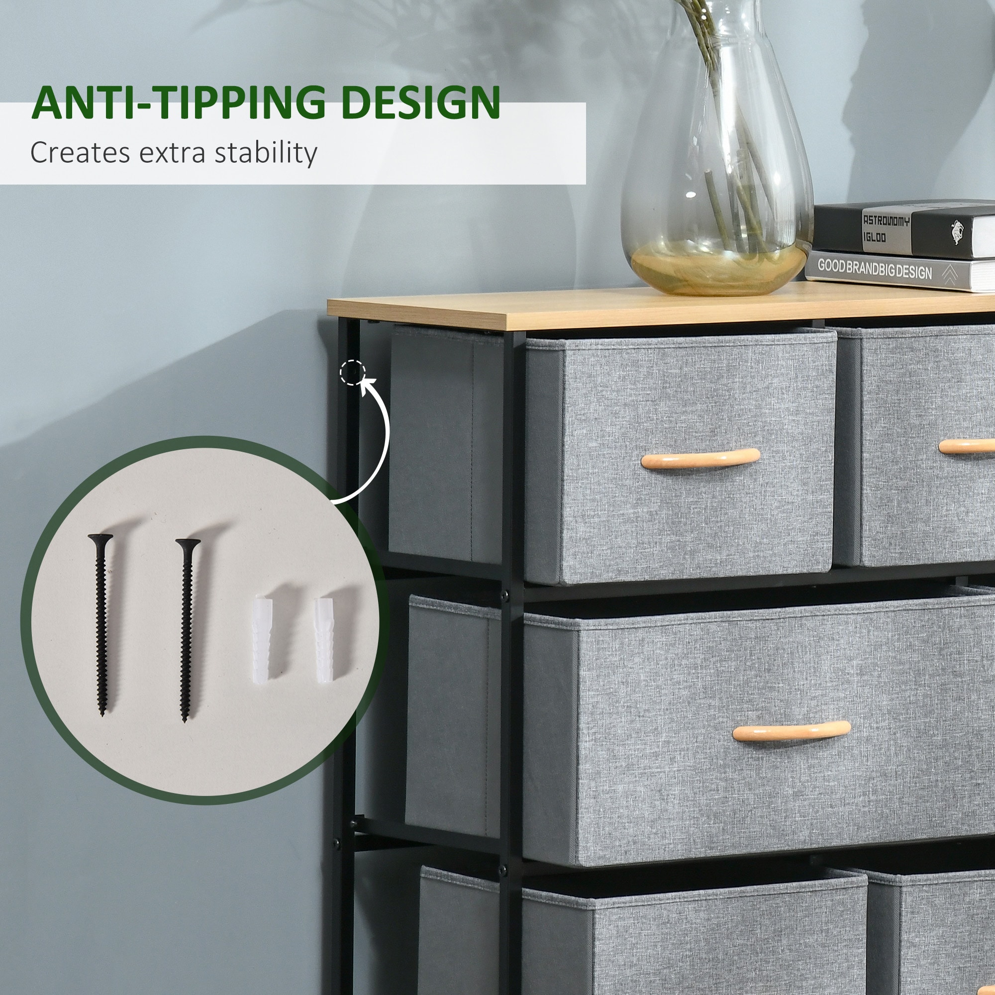Light Grey 8-Drawer Fabric Storage Chest with Wood Top