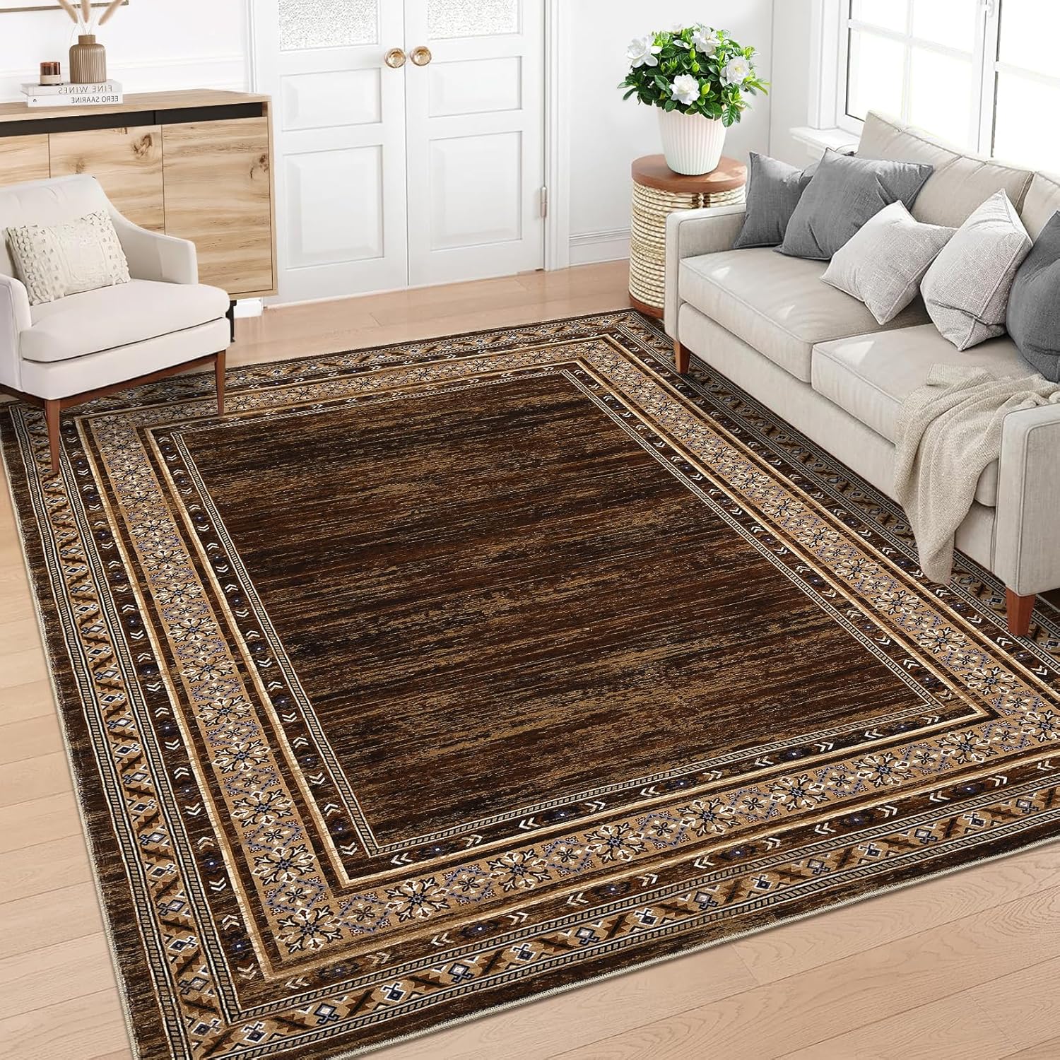 Aoile 8x10 Area Rug Machine Washable Non Slip Low Pile Geometric Living Room Rug Brown