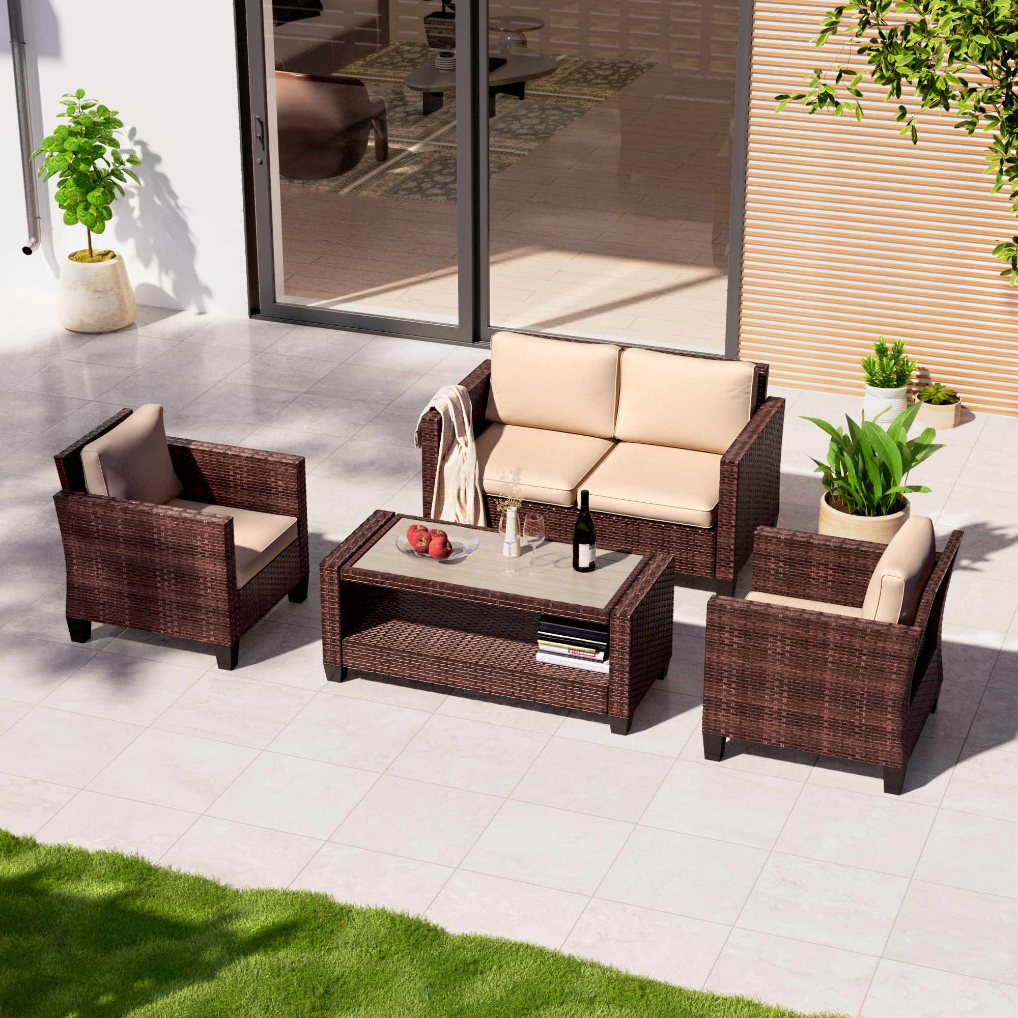 ACEGOSES LW-P305SD 4-Piece Wicker Patio Conversation Set with Tan Cushions