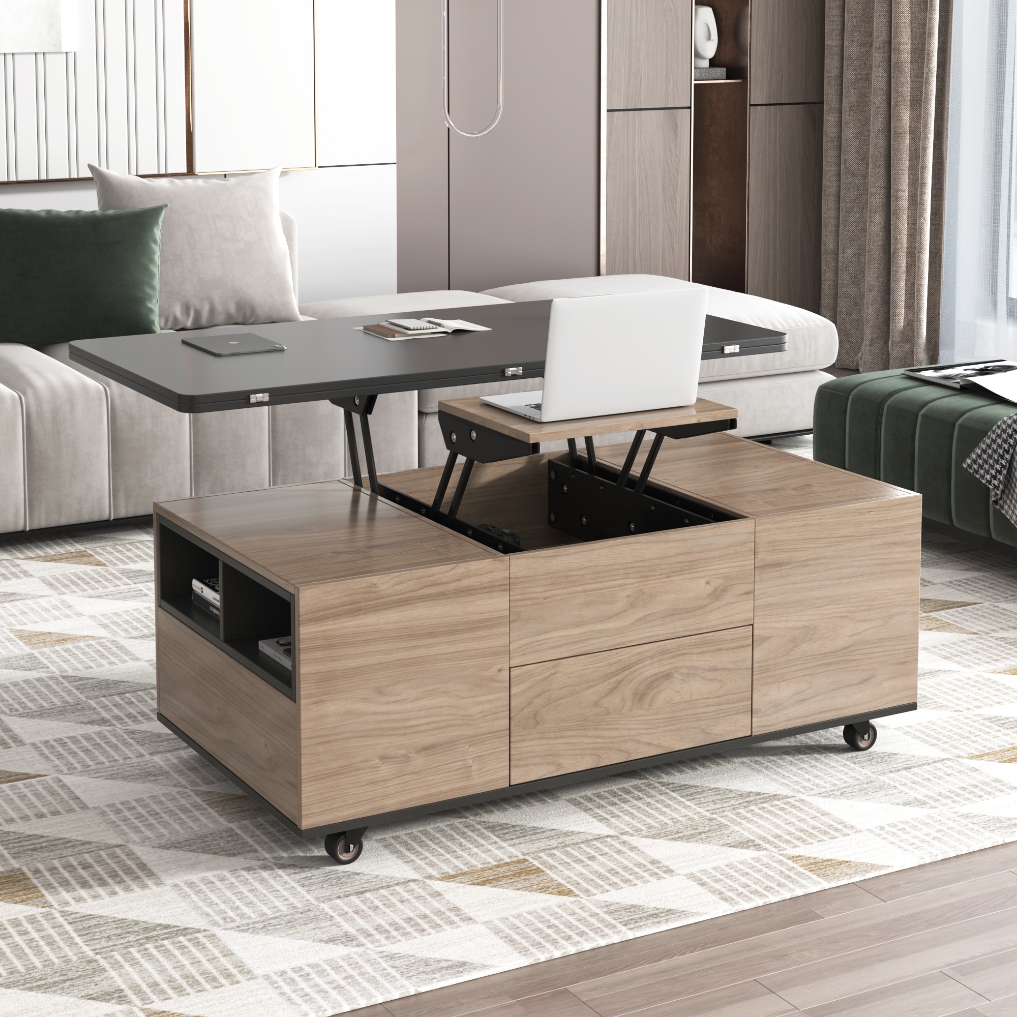ModernLuxe L3P-CH307463AAG Modern Lift Top Coffee Table Multi Functional Table with 3 Drawers in Walnut  Black
