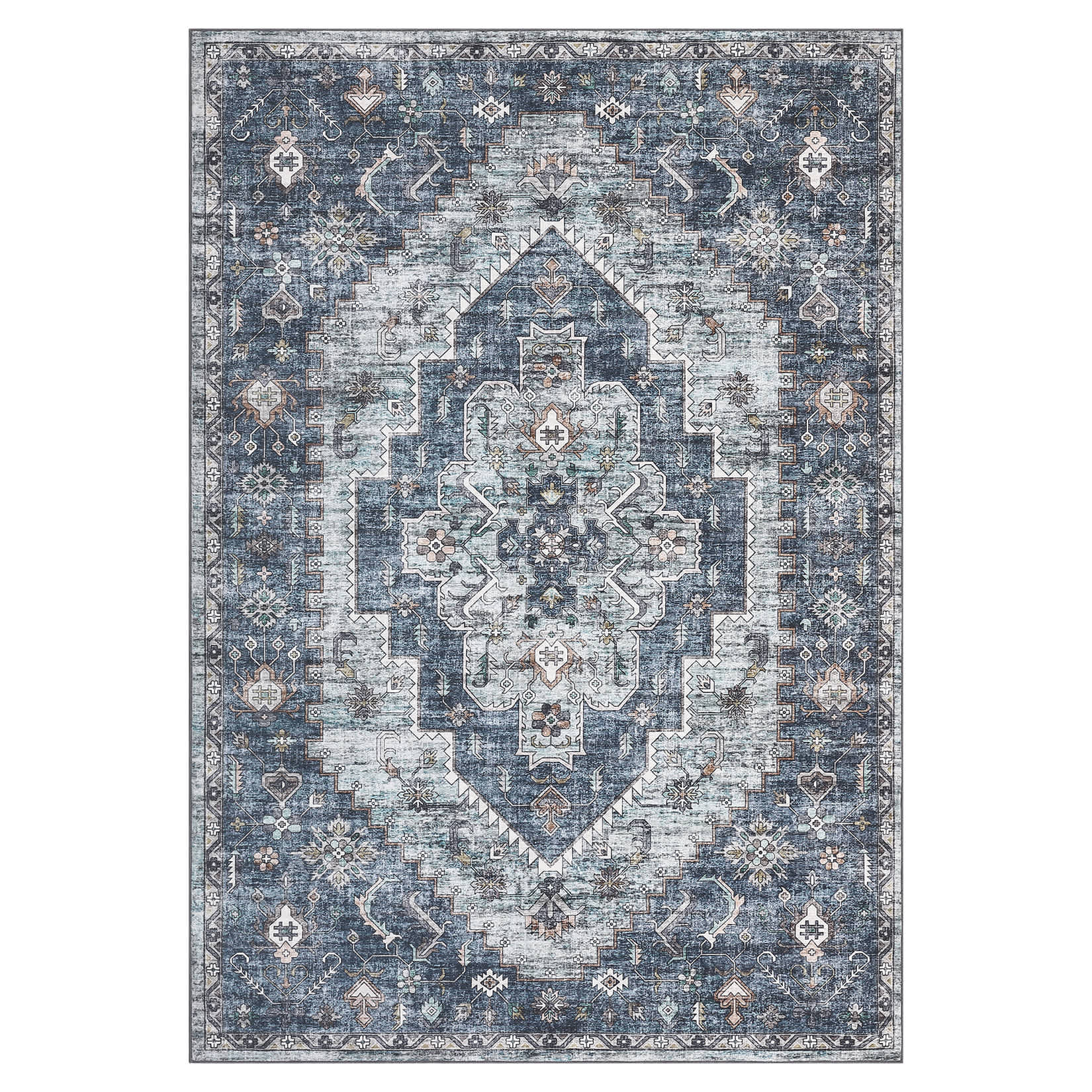 Qeetex LSN-PHO-16LHHHWH 10 x 13 ft Polyester Cashmere Imitation Blue Rectangular Hallway Bathroom Entryway Kitchen Office Foldable Flower Printed Persian Washable Area Rug