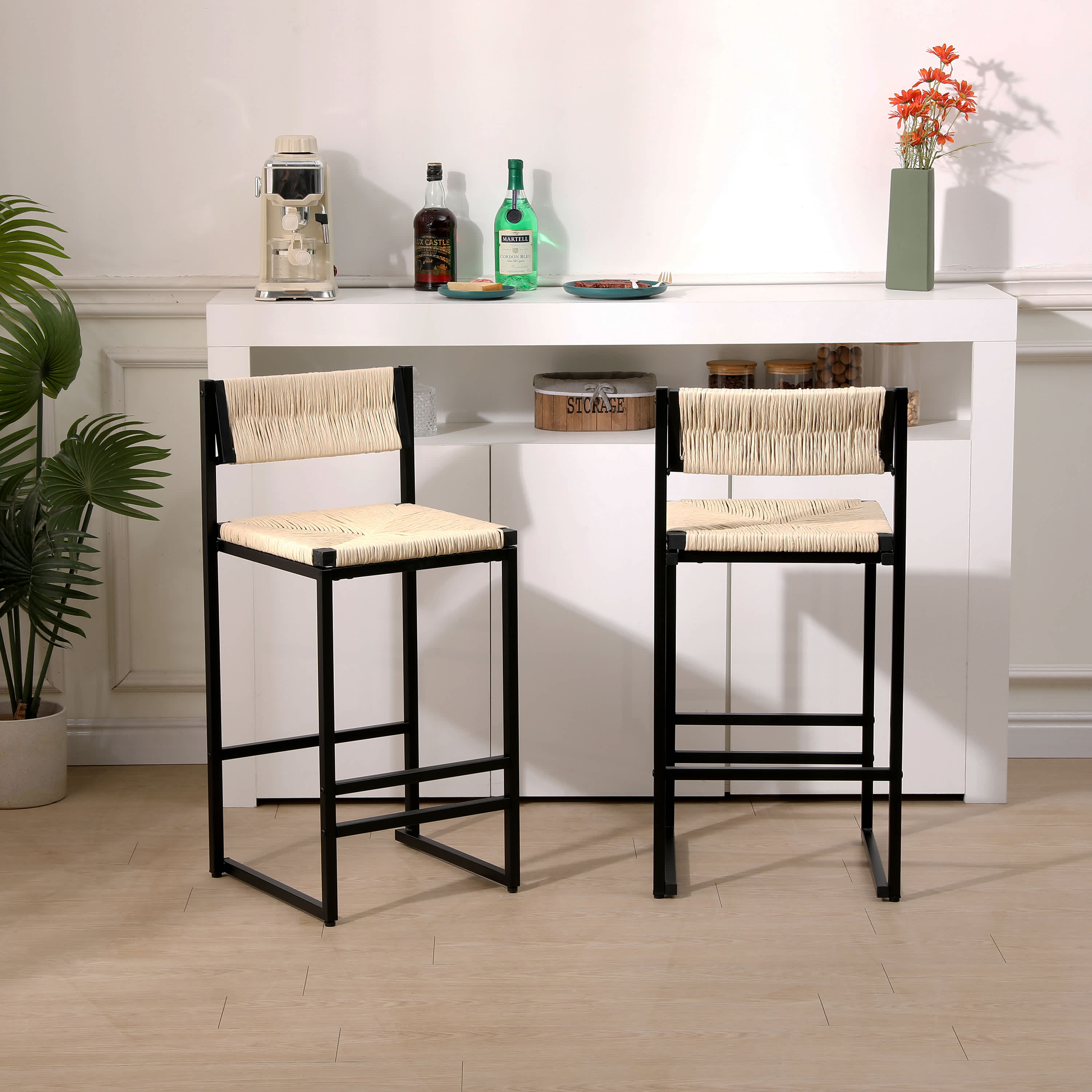 Vynxaria -  Set of 2 Creamy White Paper Rope Woven Counter Stools Hand Weave Craft Black Metal Fr...