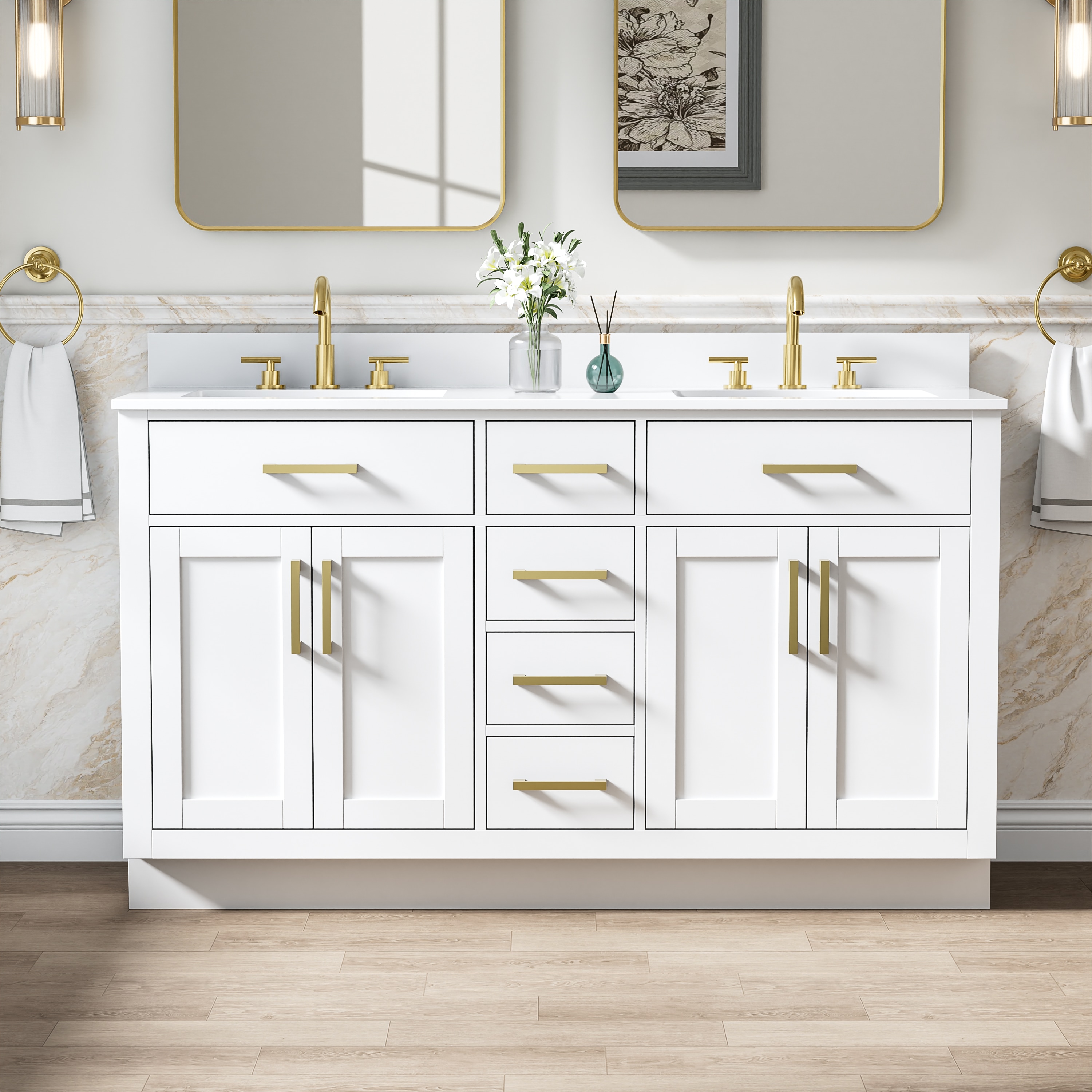 ANGELES HOME  Solid Wood 60-in White Undermount Double Sink Bathroom Vanity With White Cultured Marble Top And Brushed Gold Handles(Fully Assembled)