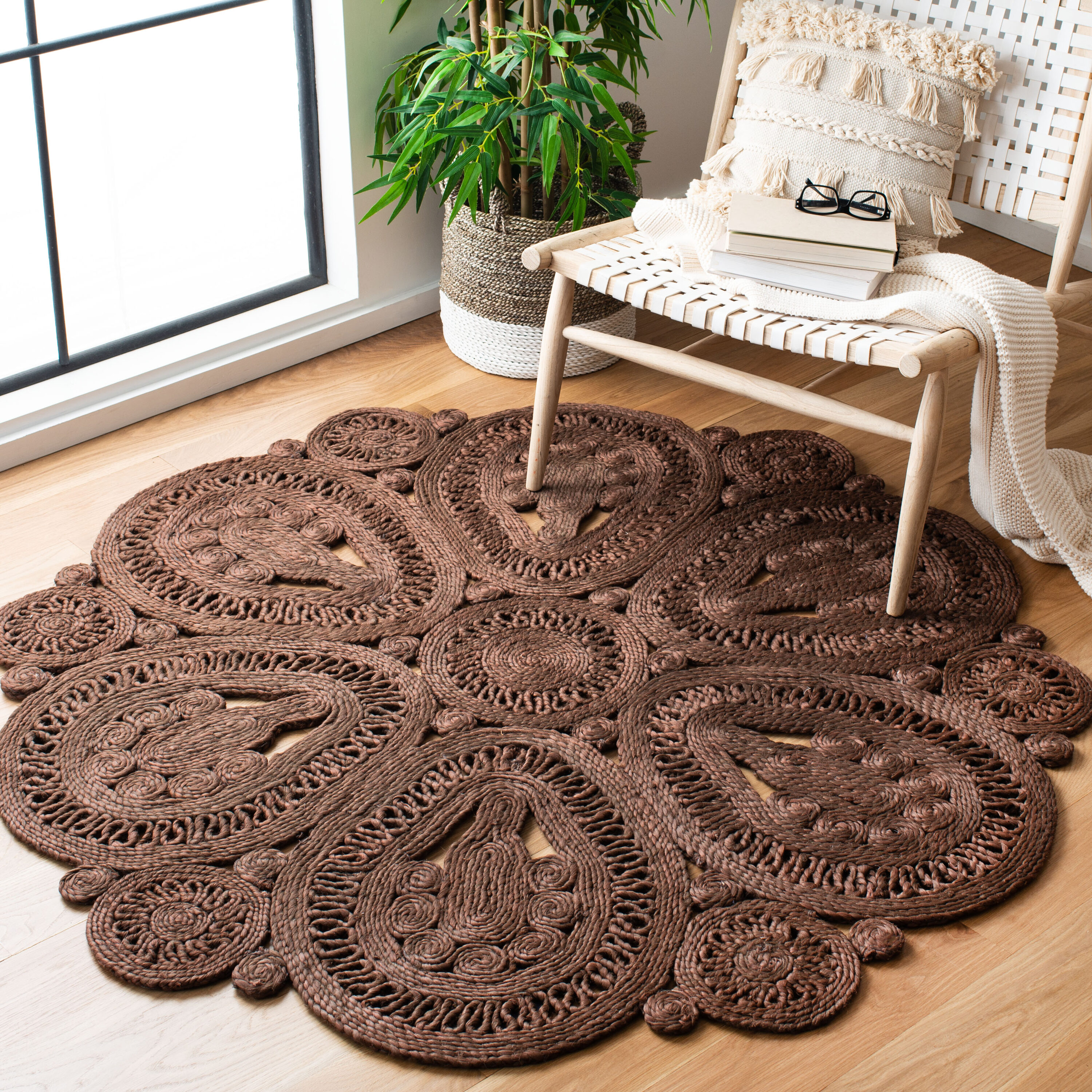  Natural Fiber 360 Brown Bohemian 5ft x 5ft Round Rug