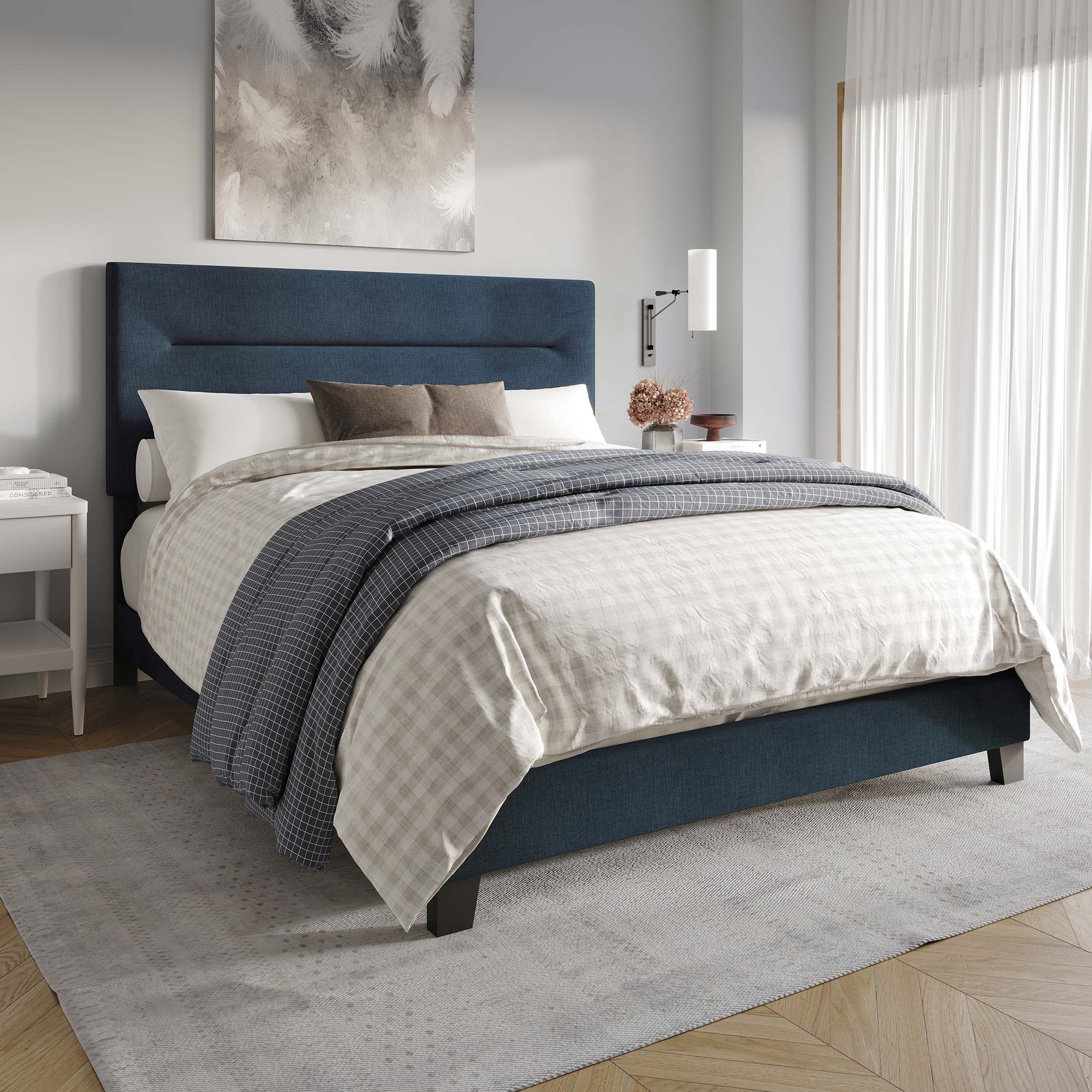 CasePiece C8452TUB-BL-LN Blue Twin Wood Upholstered Bed