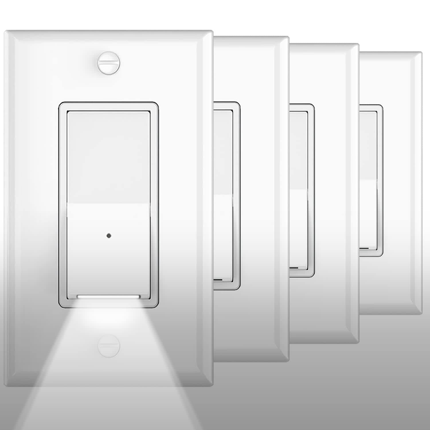 Vrbgify  4 Pack Illuminated Light Switch Single Pole Paddle Rocker with Built In Night Light 15 Amp 120 to 277 Volt Easy Install Dusk to Dawn Sensor White