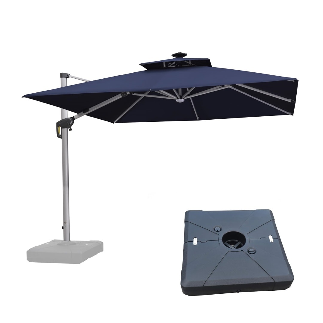 PURPLE LEAF LSGLRSDT10-NBWB 10-ft Aluminum Navy Crank Cantilever Patio Umbrella with Lights and with Base