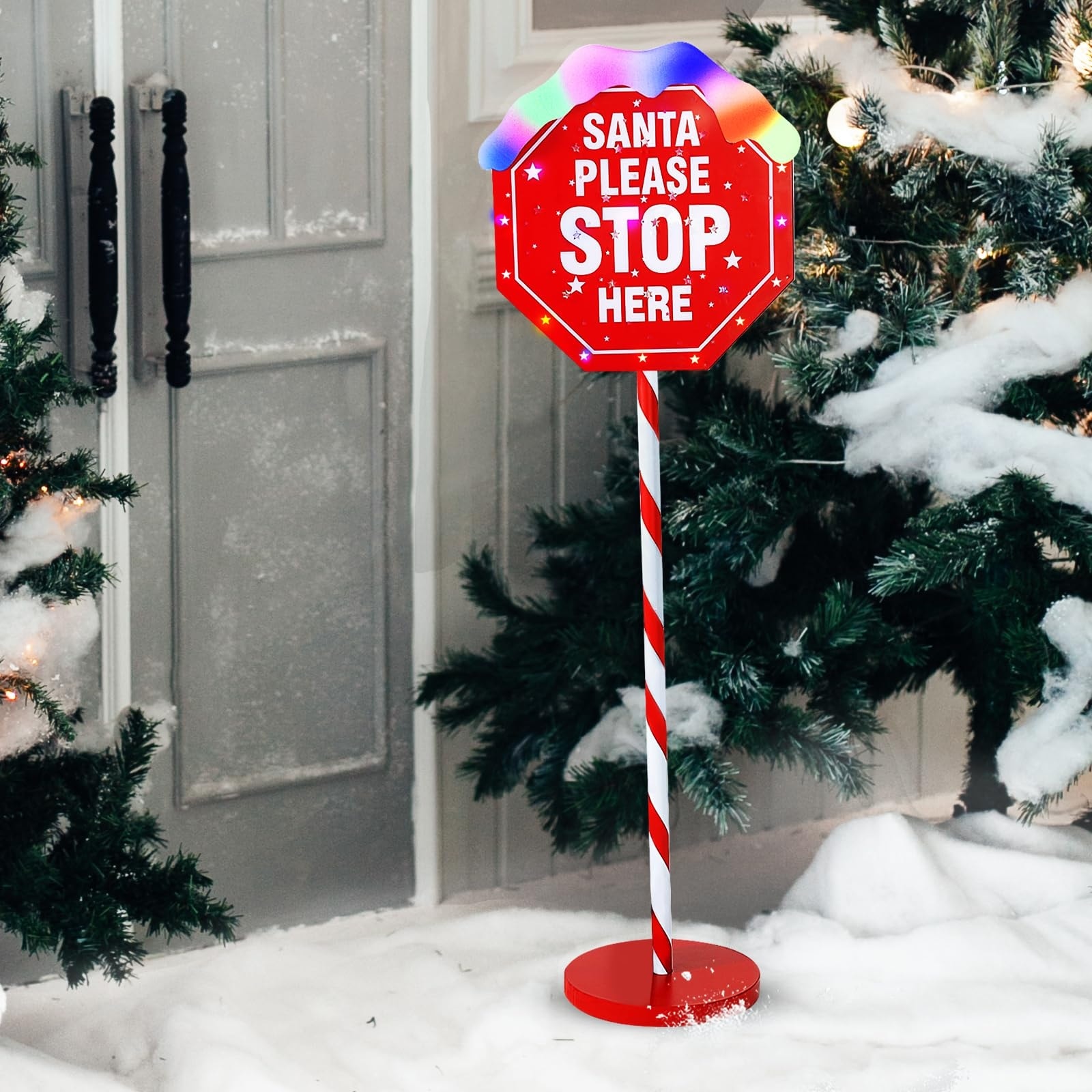 Oyezvary  Christmas Santa Stop Here Yard Stake 40 Inch Prelit Sign with 30 Multicolor LEDs 8 Lighting Modes for Outdoor Indoor Holiday Party Decor